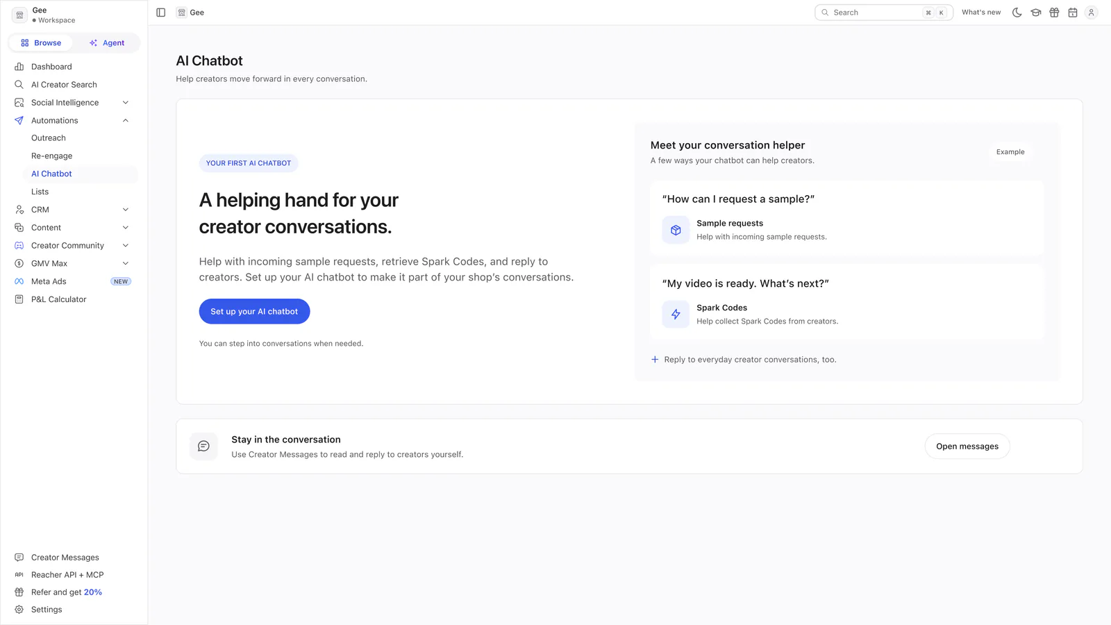 Reacher’s AI Chatbot page headed A helping hand for your creator conversations, with a setup button and two example questions a creator might ask.