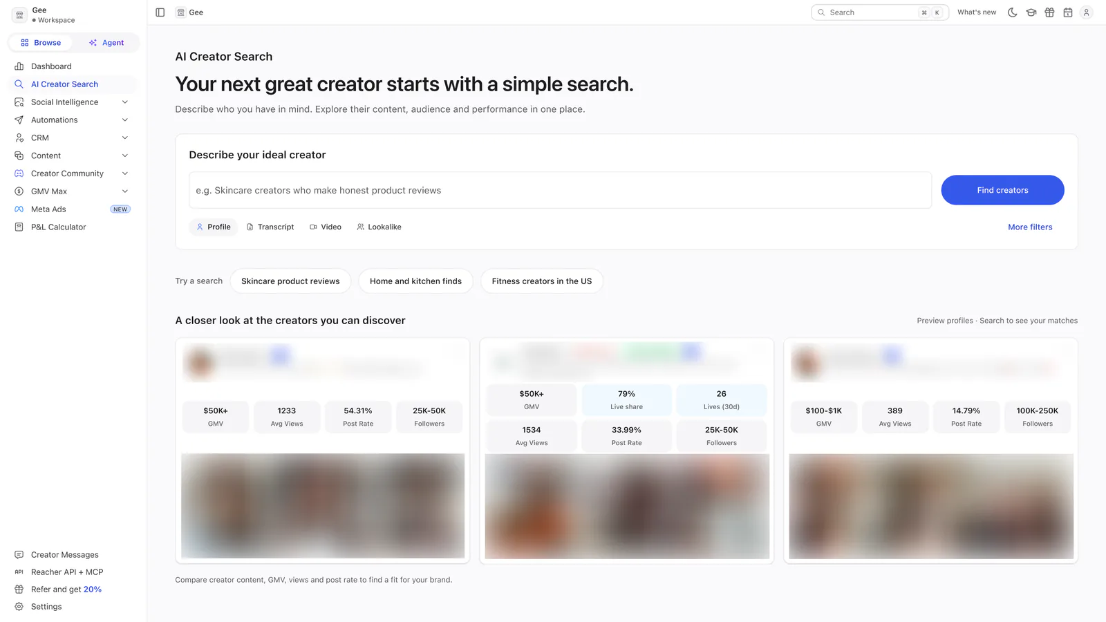 Reacher’s AI Creator Search page headed Your next great creator starts with a simple search, with a search box, three suggested searches and three preview cards with blurred creator details.