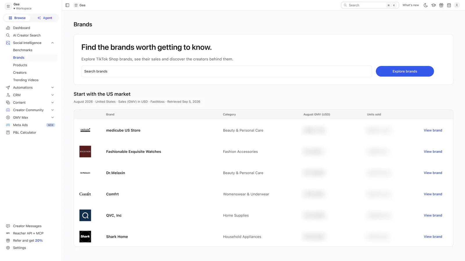Reacher’s Brands page headed Find the brands worth getting to know, with a search box and a table of six brands whose sales figures are blurred.