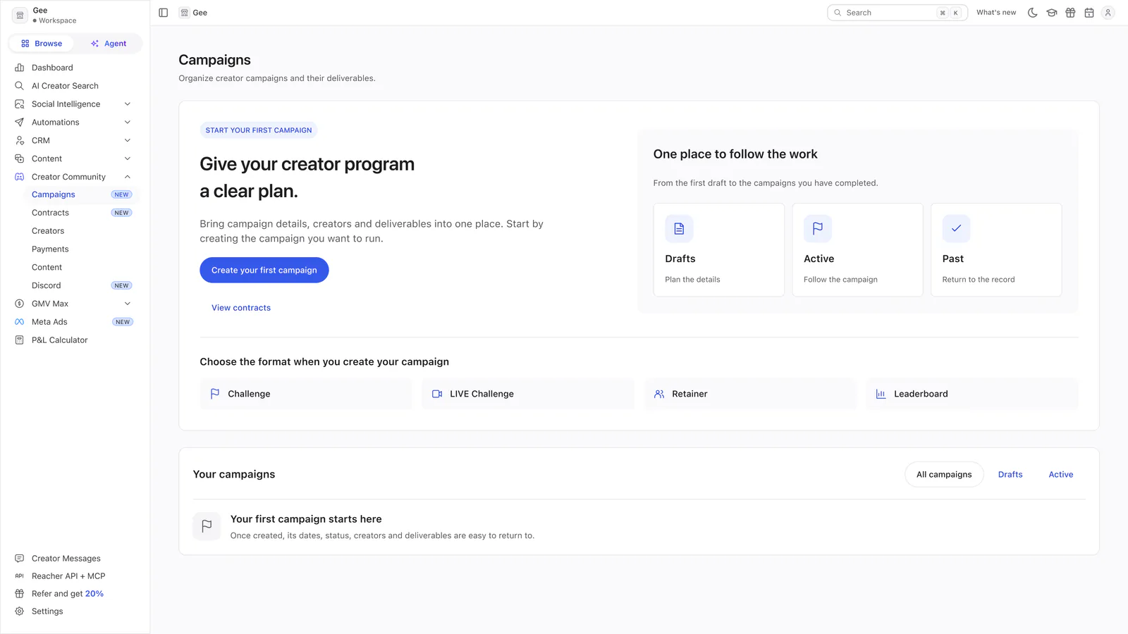 Reacher’s Campaigns page headed Give your creator program a clear plan, with a preview of Drafts, Active and Past campaigns and four campaign formats.