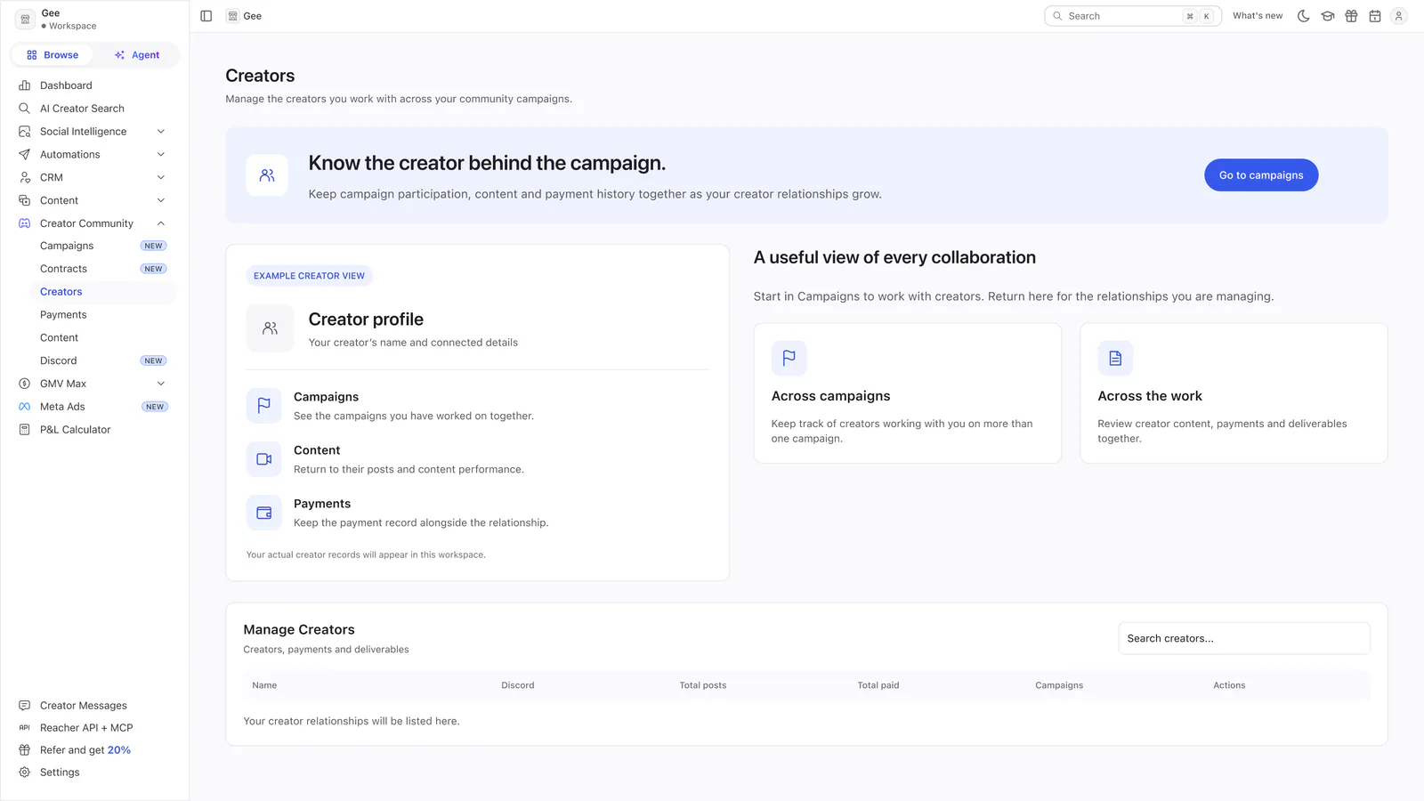Reacher’s Creator Community Creators page headed Know the creator behind the campaign, with an example creator profile and an empty creators table.