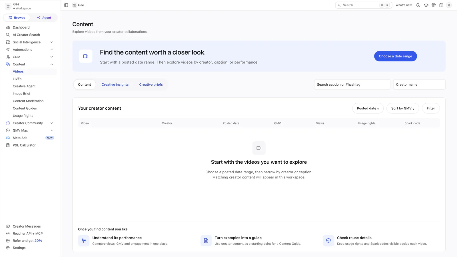 Reacher’s Content page headed Find the content worth a closer look, with a date-range prompt above an empty content table.