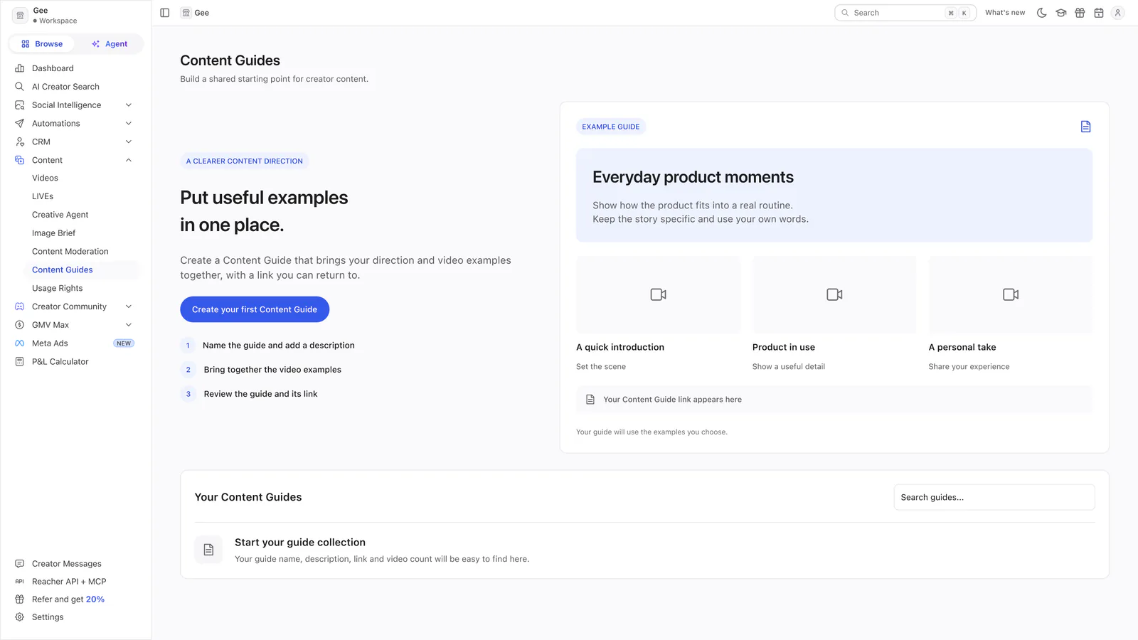 Reacher’s Content Guides page headed Put useful examples in one place, with an example guide, three video tiles and a list of three steps.