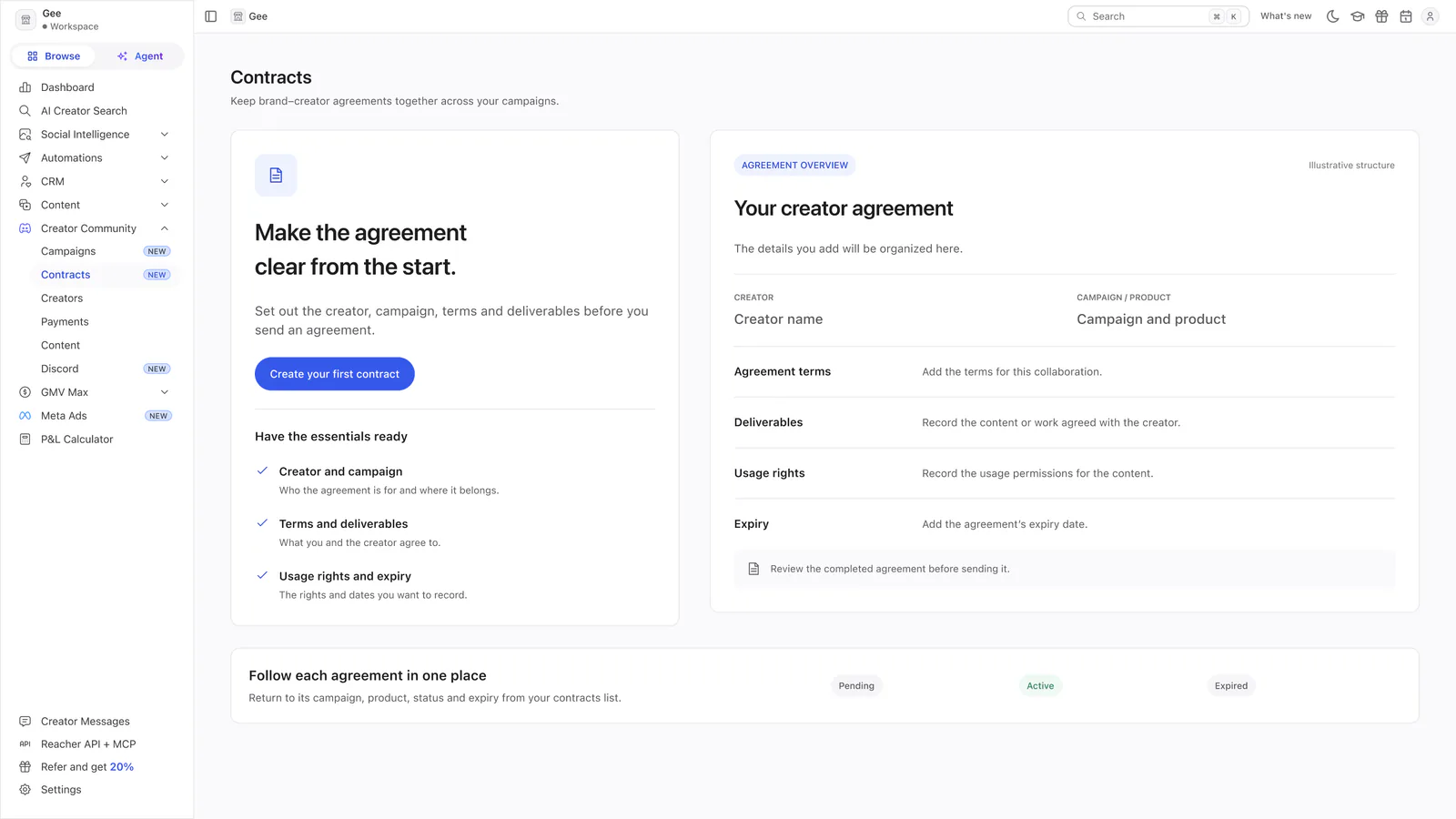 Reacher’s Contracts page headed Make the agreement clear from the start, with a checklist and an example agreement overview.
