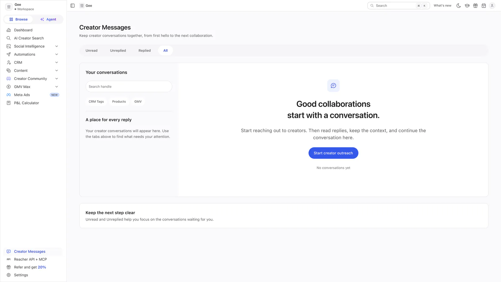 Reacher’s Creator Messages inbox with filters, an empty conversation list and a prompt to start creator outreach.