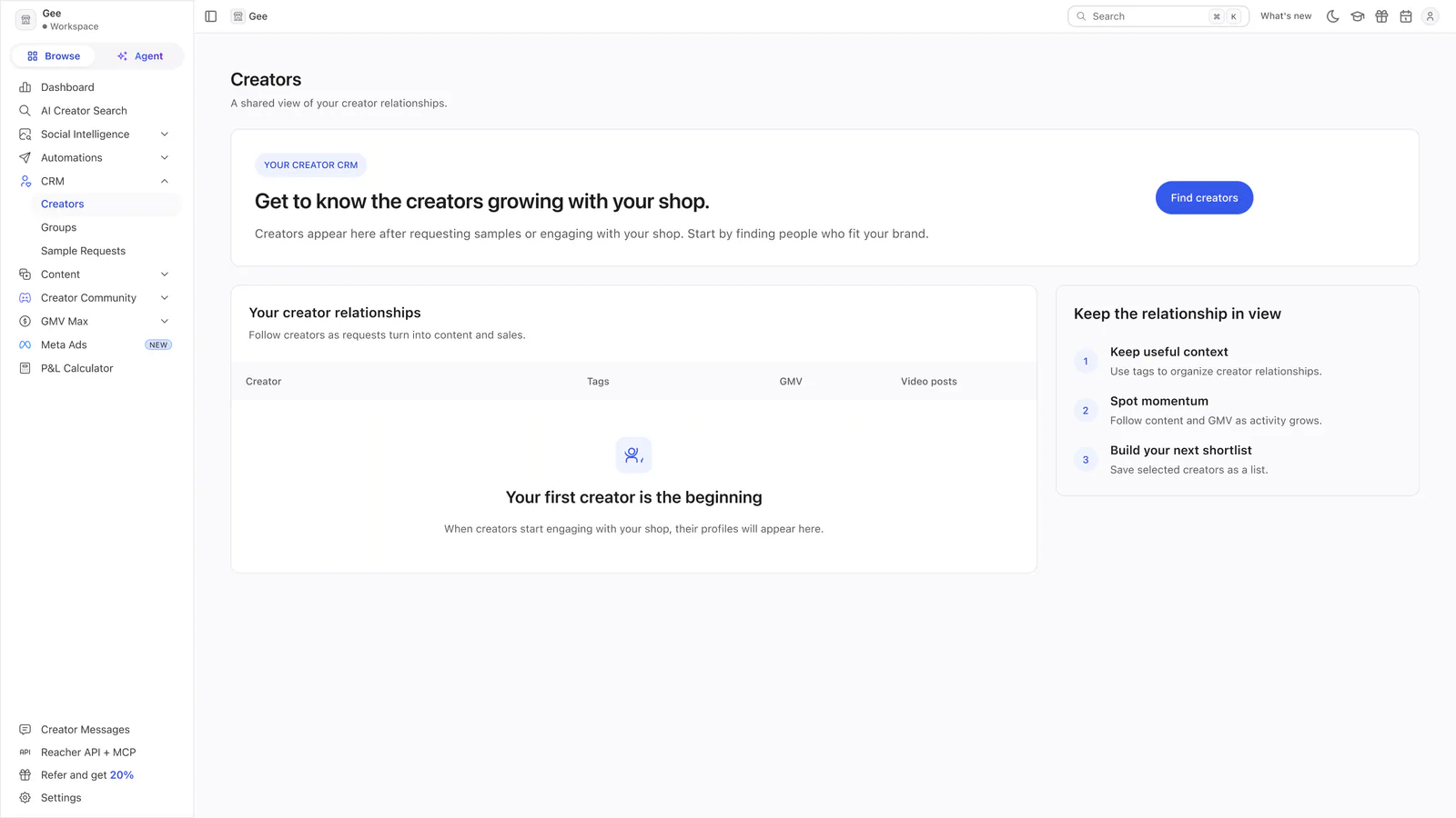 Reacher’s CRM Creators page headed Get to know the creators growing with your shop, with a Find creators button and an empty table.
