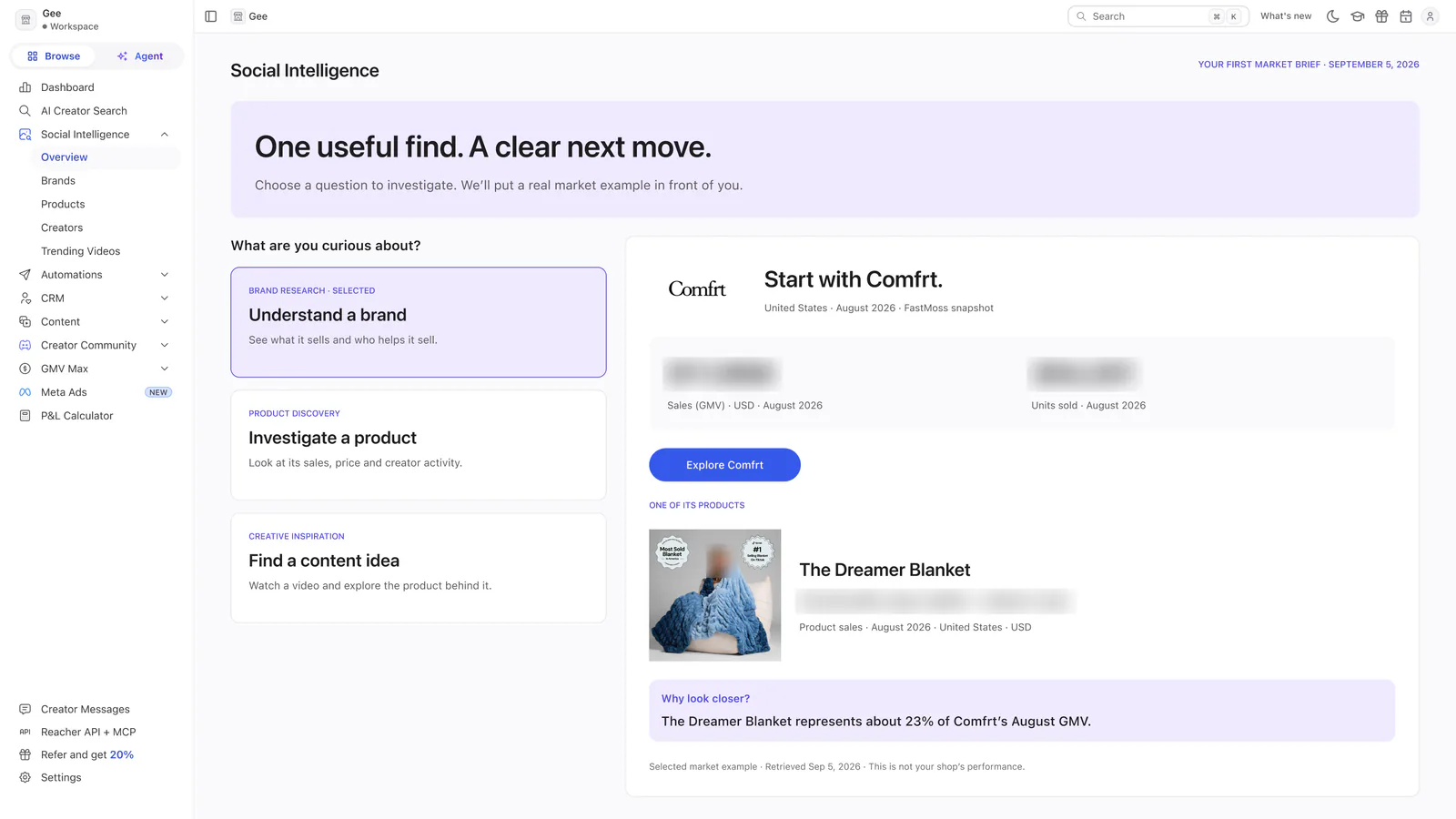 A concept for a Social Intelligence Overview page headed One useful find. A clear next move, with three questions and a worked example.