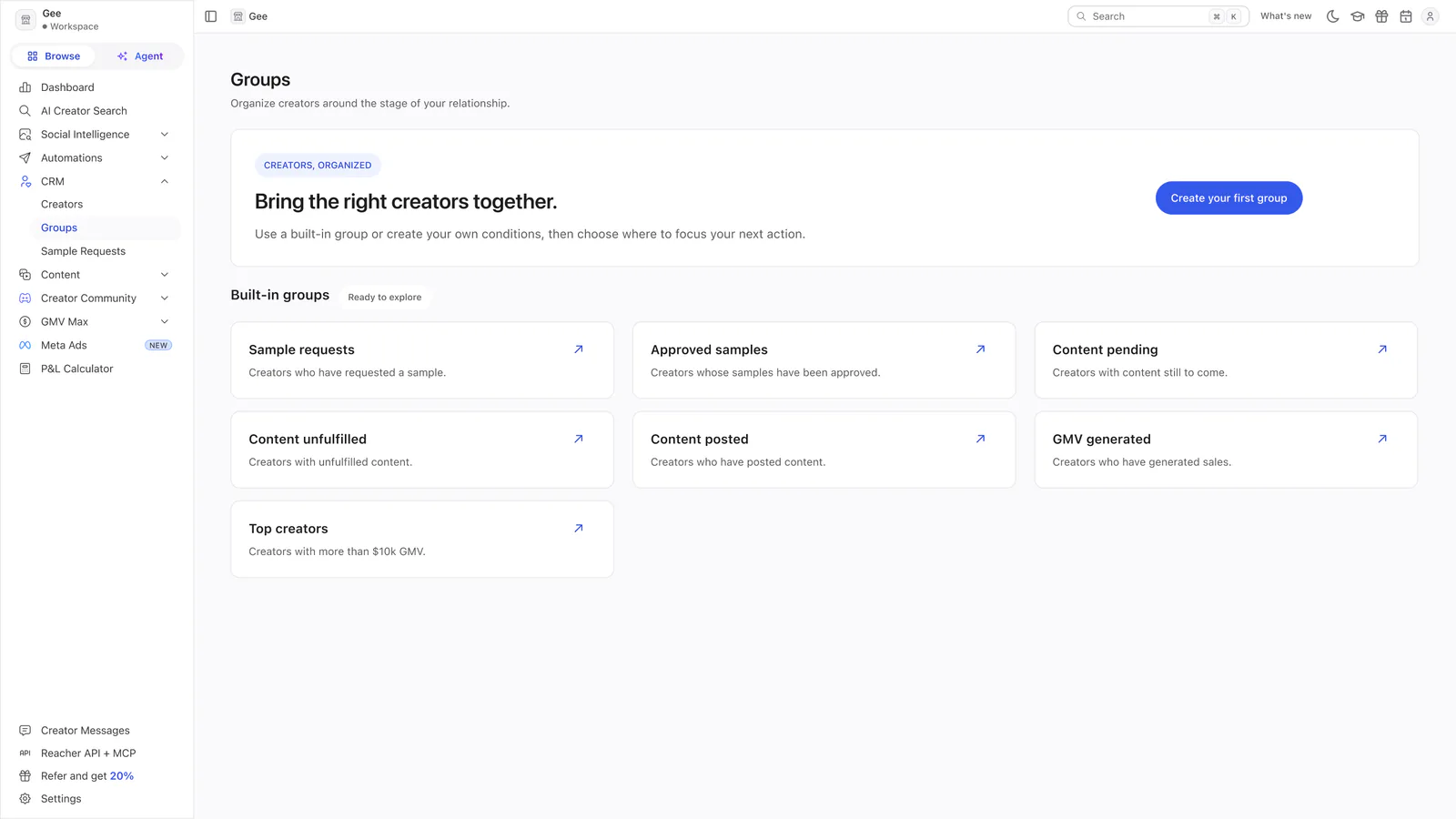 Reacher’s Groups page headed Bring the right creators together, with a Create your first group button and seven built-in group cards.