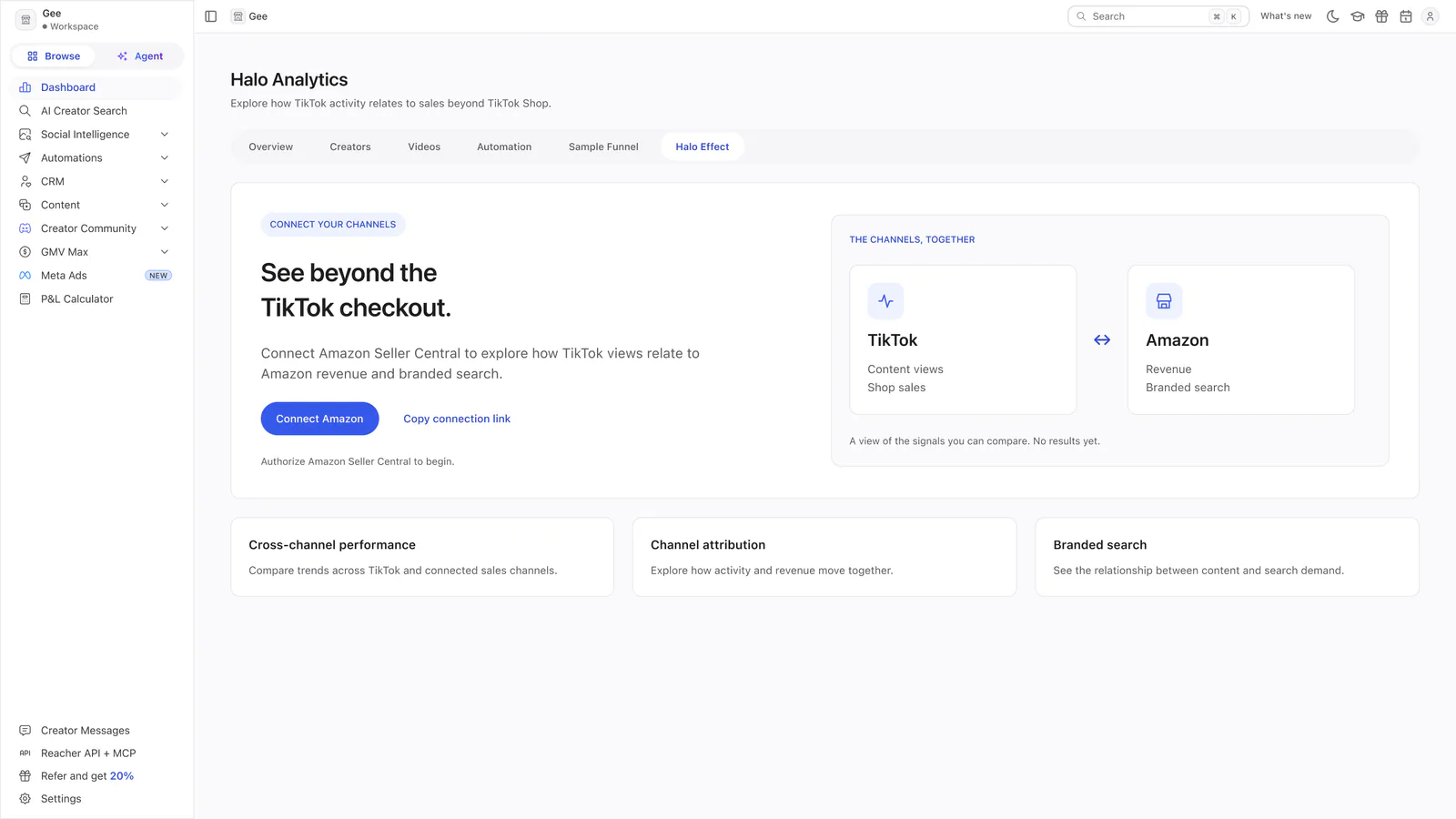 Reacher’s Halo Analytics tab headed See beyond the TikTok checkout, with a Connect Amazon button and a diagram of TikTok and Amazon.