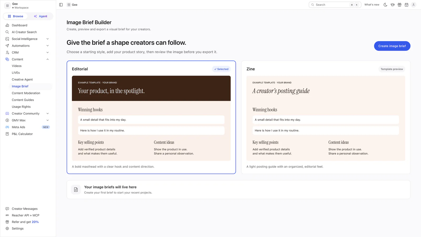 Reacher’s Image Brief Builder with two large template previews, Editorial and Zine, and a Create image brief button.