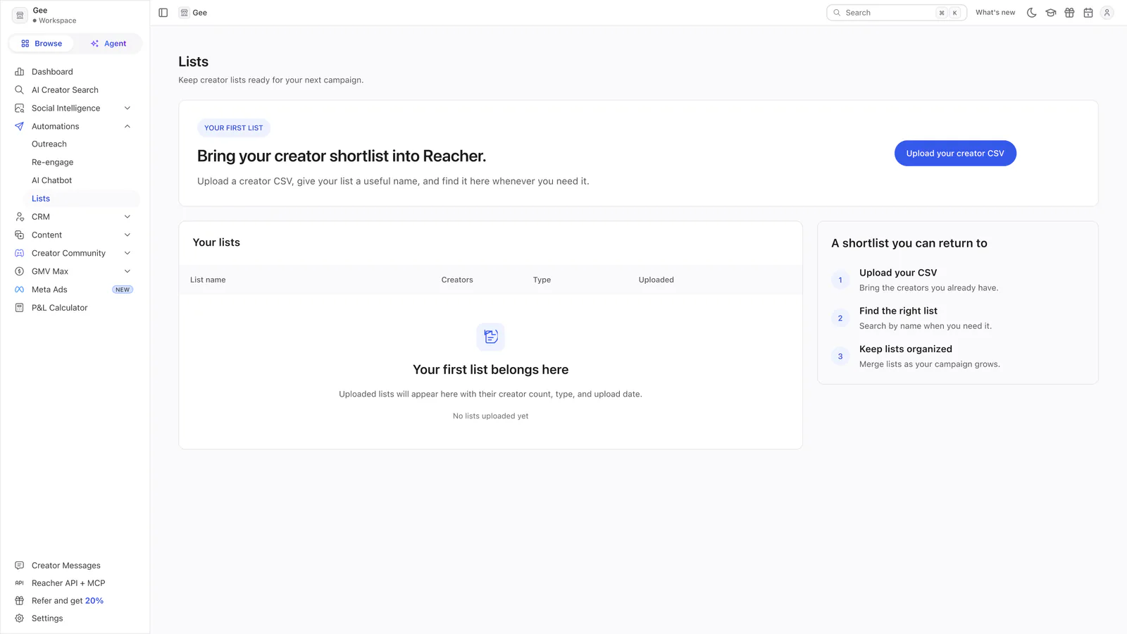 Reacher’s Lists page headed Bring your creator shortlist into Reacher, with an Upload your creator CSV button and an empty lists table.
