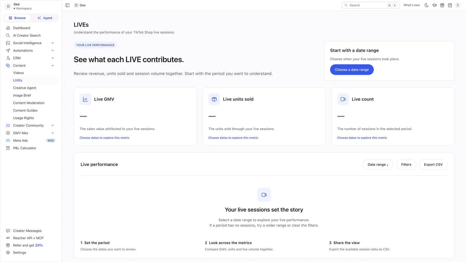 Reacher’s LIVEs page headed See what each LIVE contributes, with three empty metric cards for live GMV, units sold and live count.