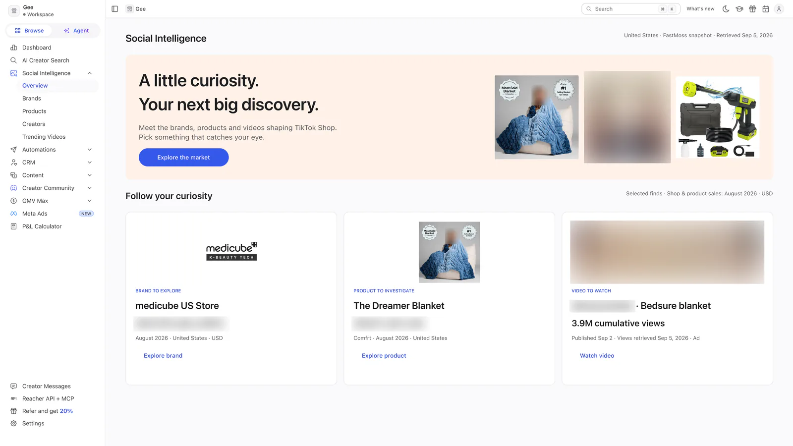 A concept for a Social Intelligence Overview page headed A little curiosity. Your next big discovery, with a collage of finds and three tiles to explore.