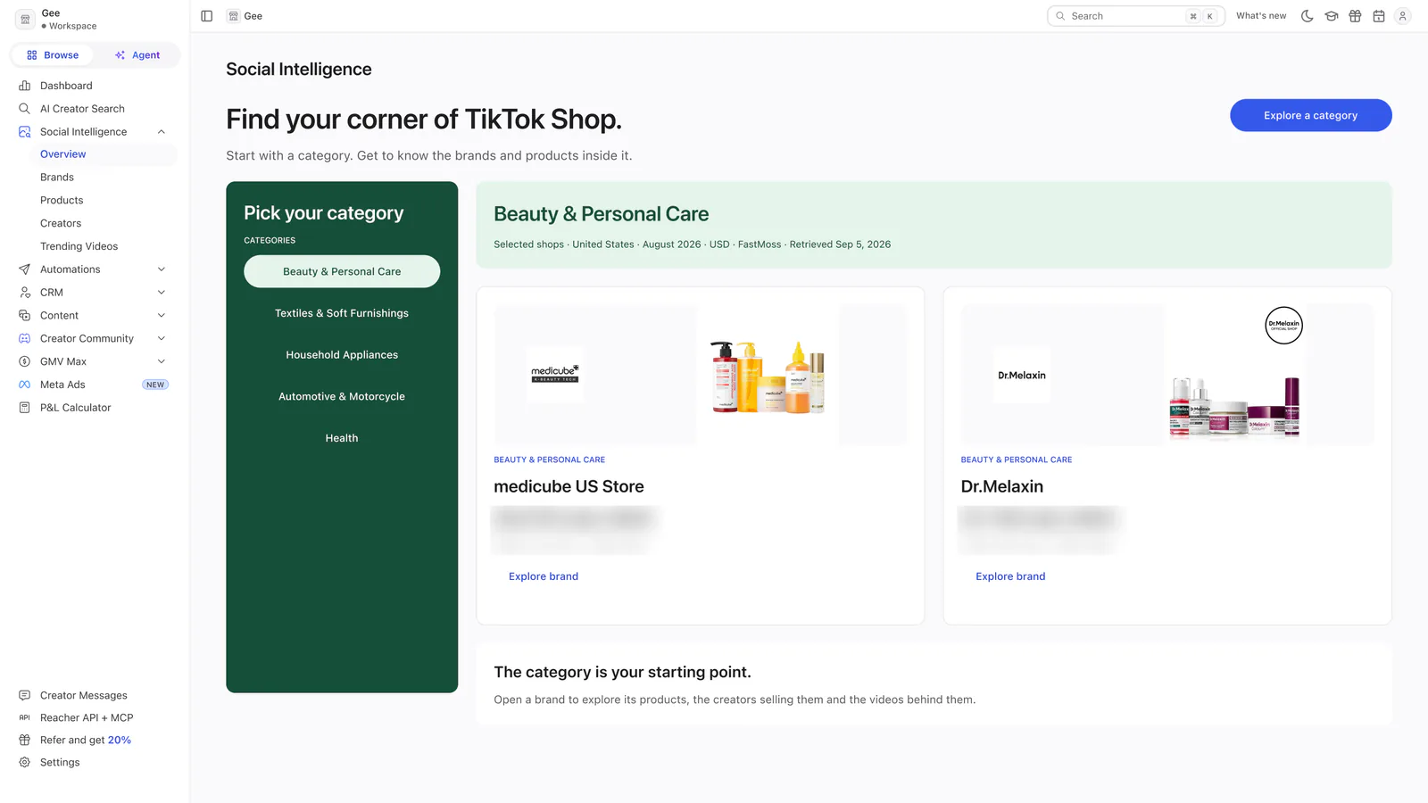 A concept for a Social Intelligence Overview page headed Find your corner of TikTok Shop, with a category list and two shops for Beauty and Personal Care.