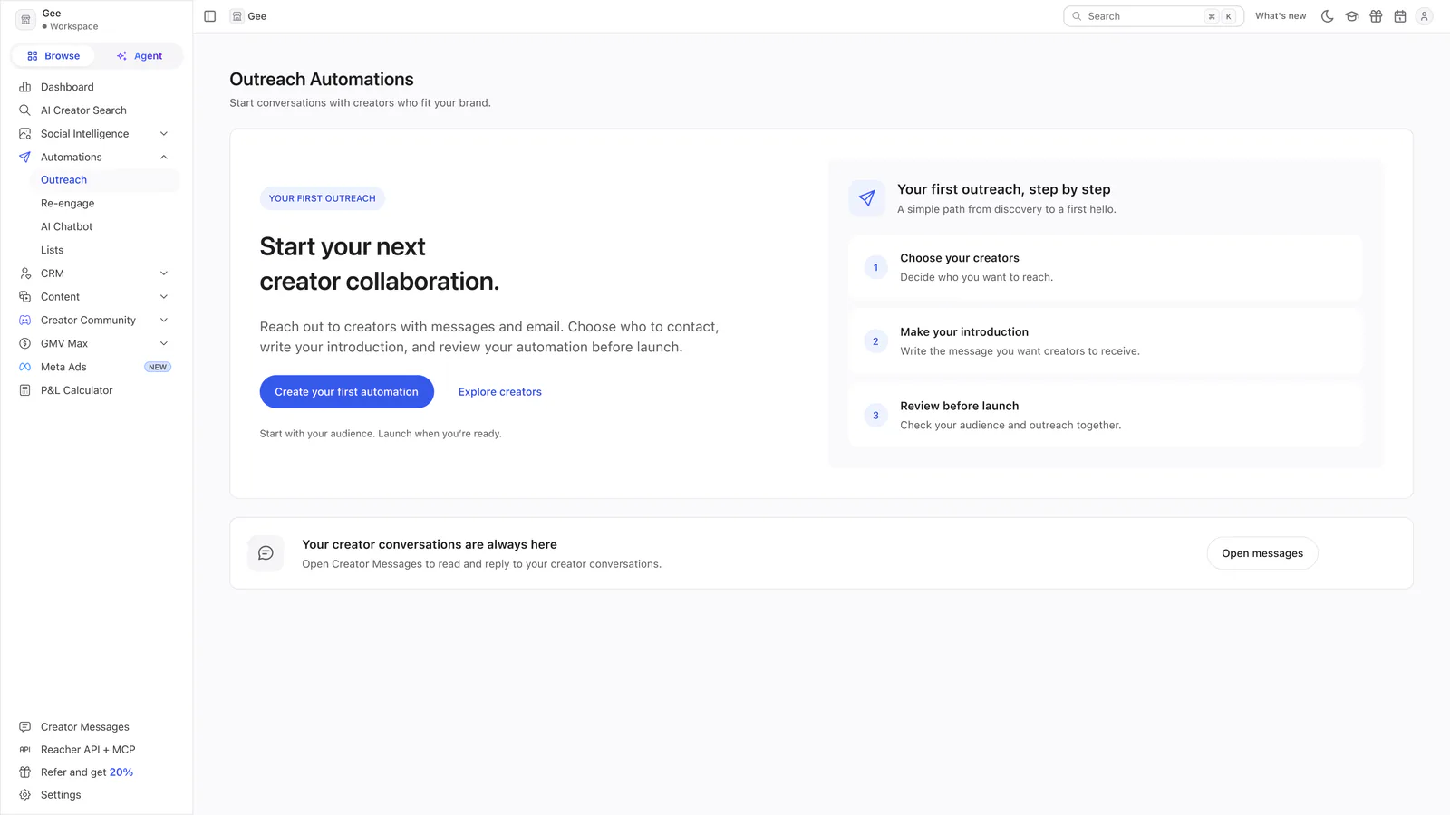 Reacher’s Outreach Automations page headed Start your next creator collaboration, with a Create your first automation button and a three-step outreach journey.