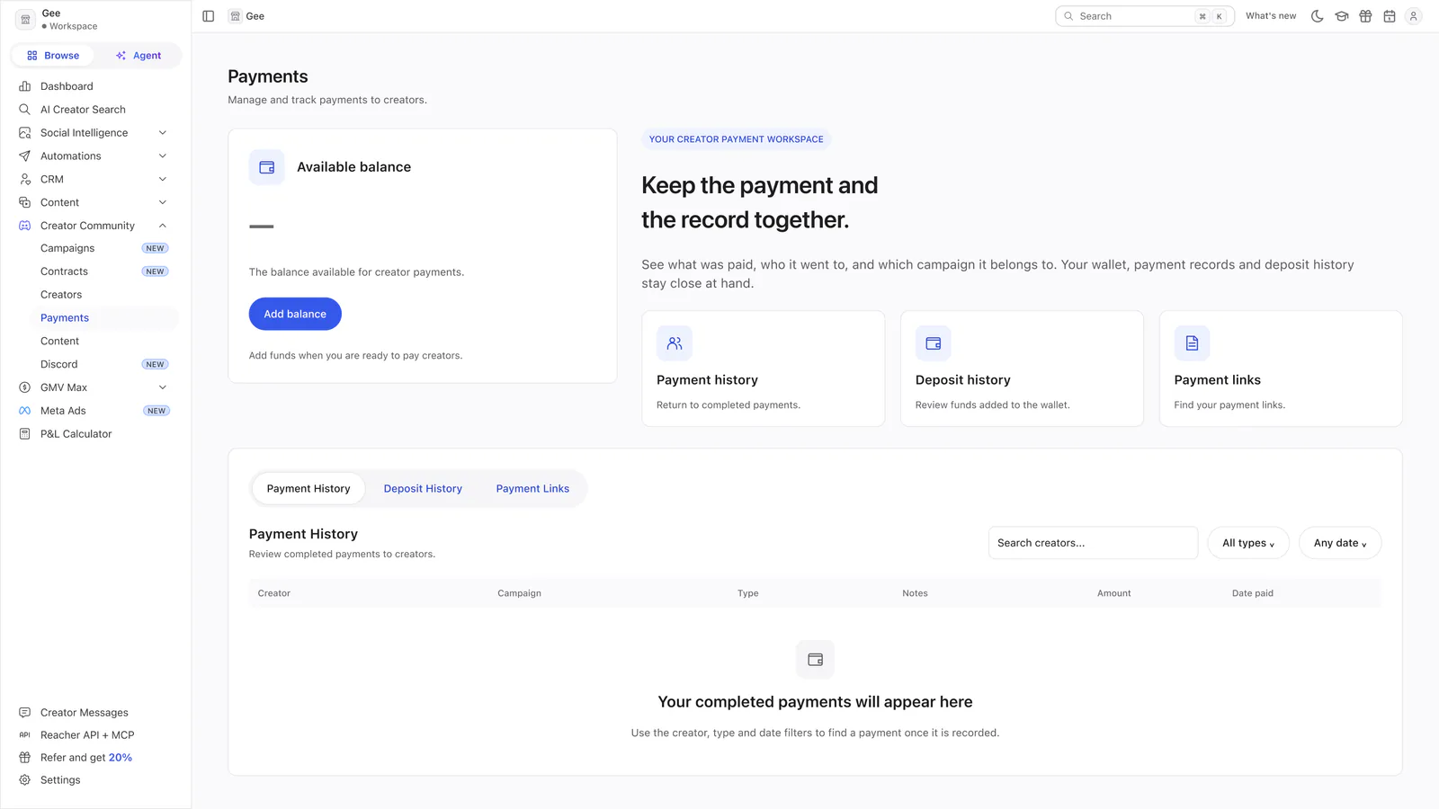 Reacher’s Payments page headed Keep the payment and the record together, with an available balance card and an empty payment history.