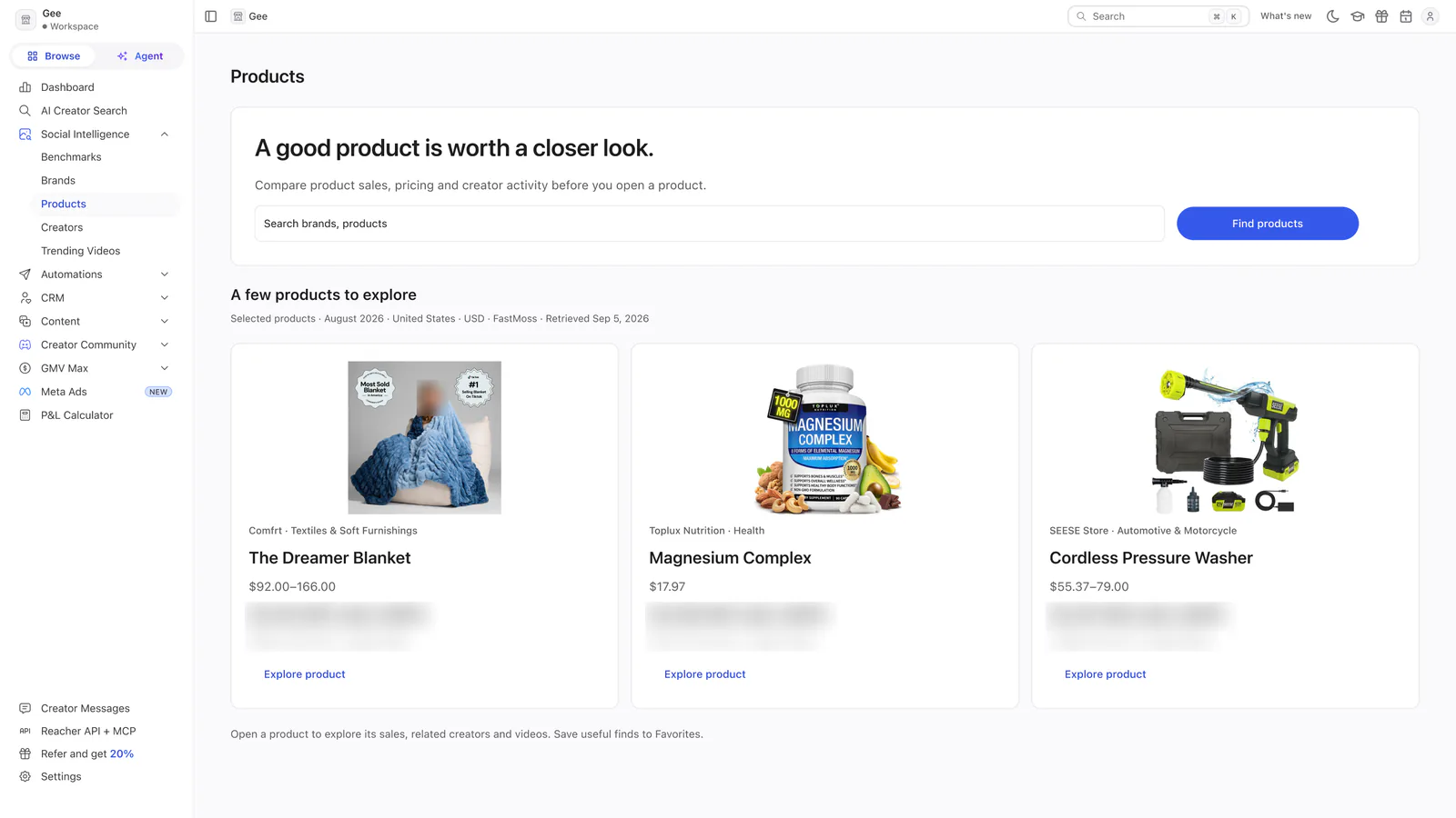 Reacher’s Products page headed A good product is worth a closer look, with a search box and three product cards.