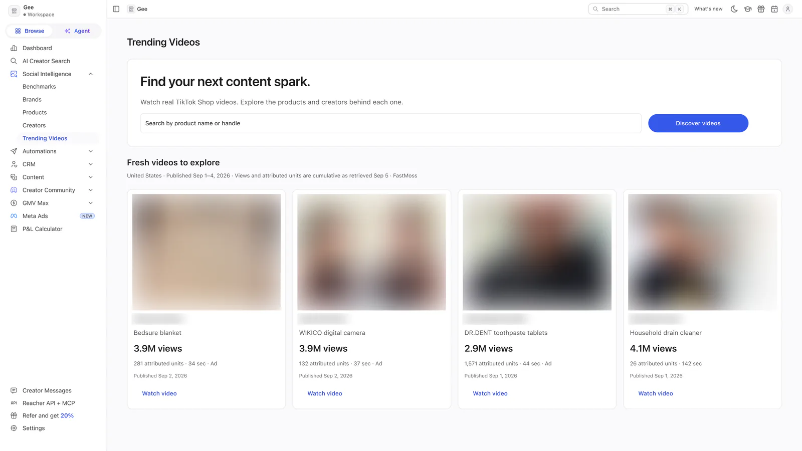 Reacher’s Trending Videos page headed Find your next content spark, with a search box and four video cards with blurred thumbnails.