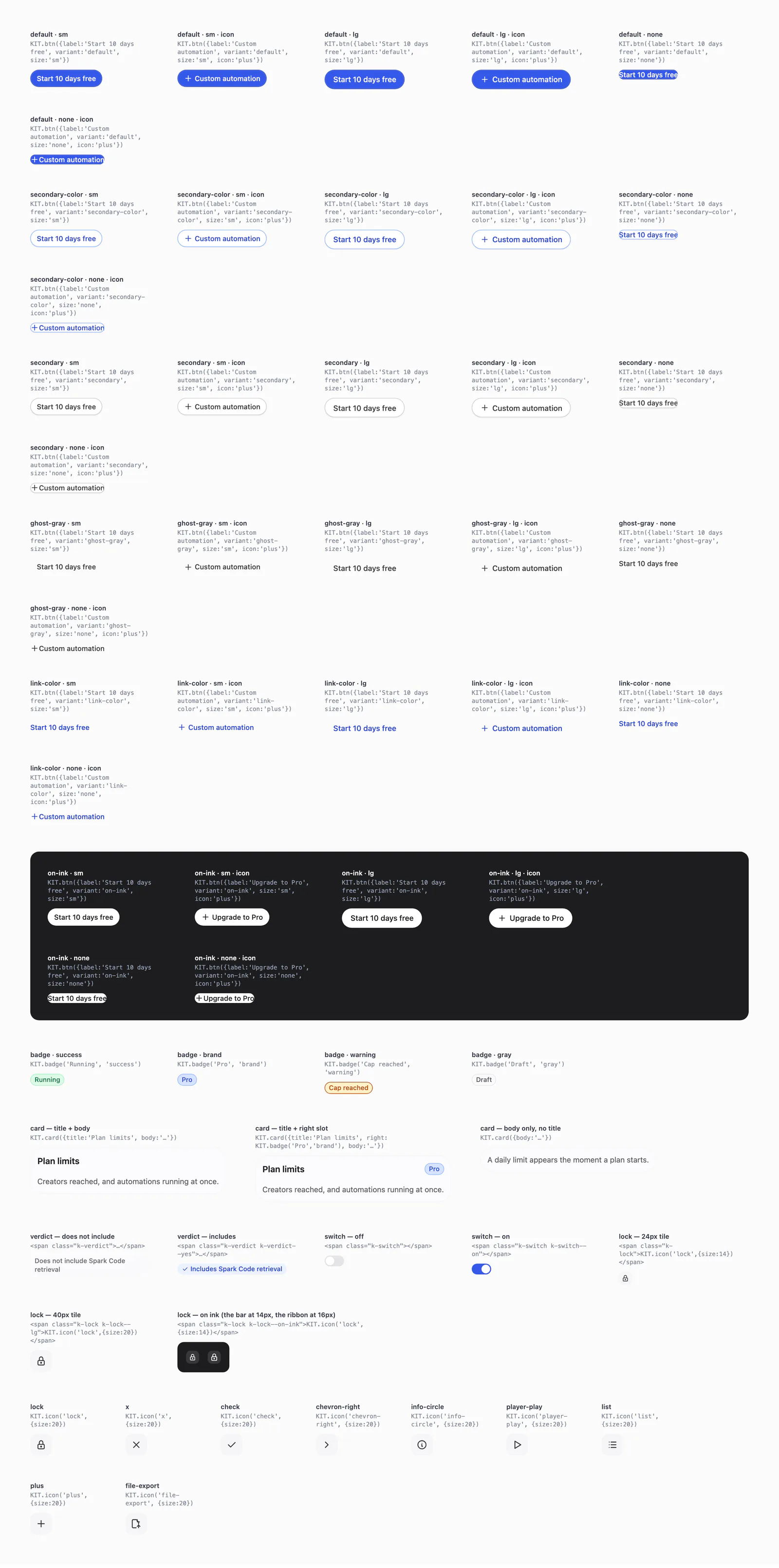 The atoms sheet: button variants and sizes, badges, cards, stamps, switches, lock tiles and icons.