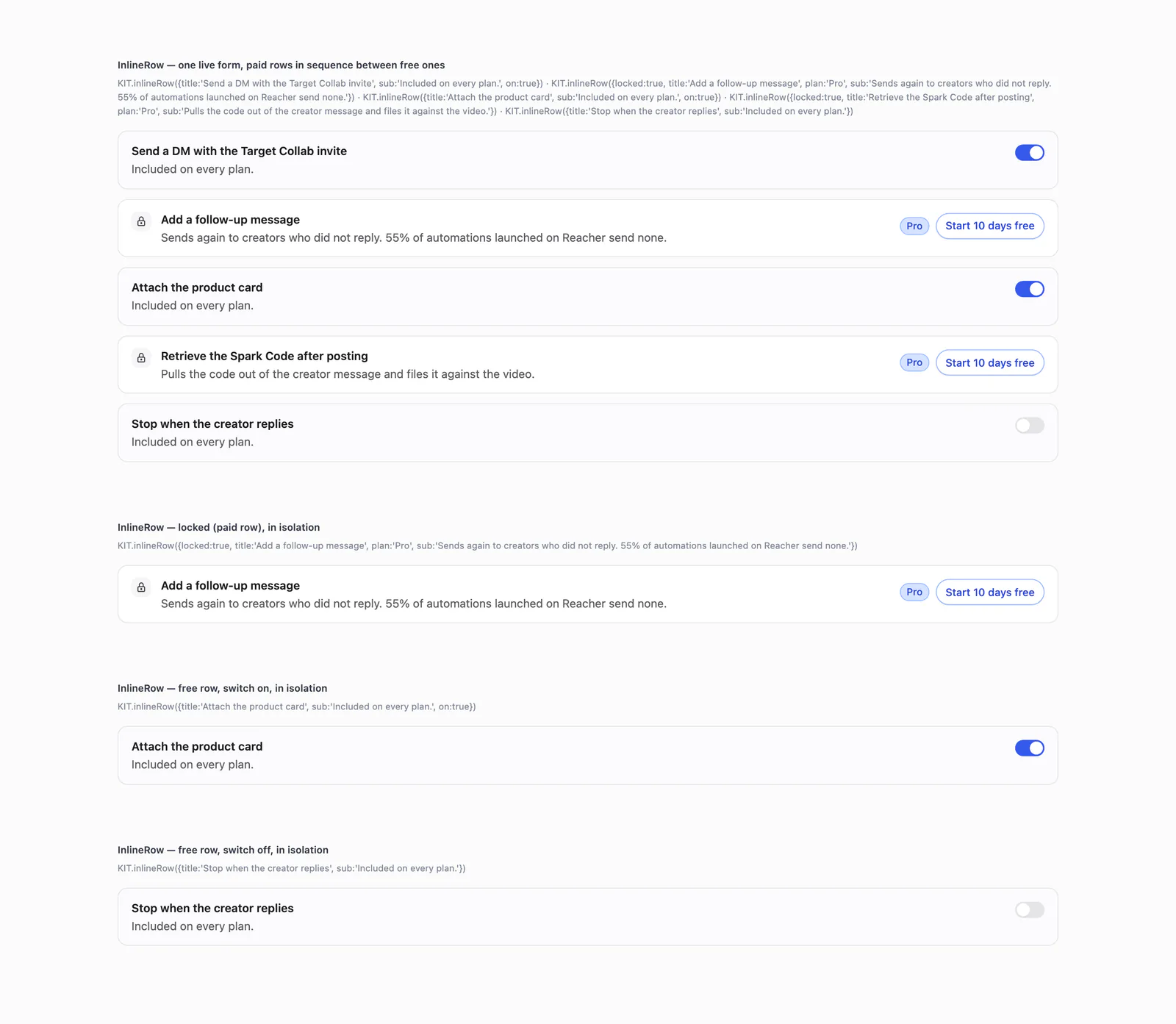 The InlineRow component: free rows with switches and locked paid rows.