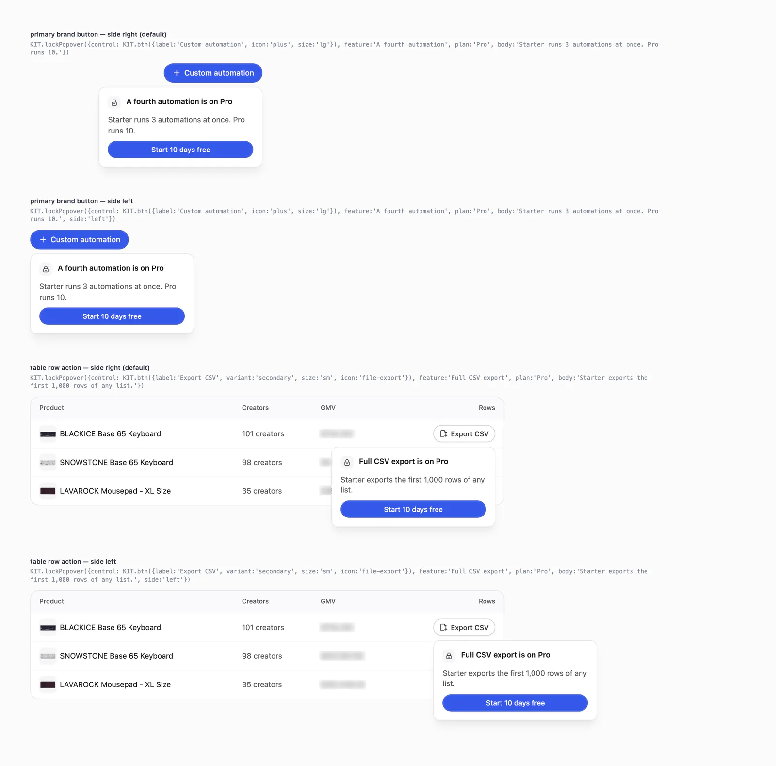 The LockPopover component on a button and on a table row action, opening right and left.