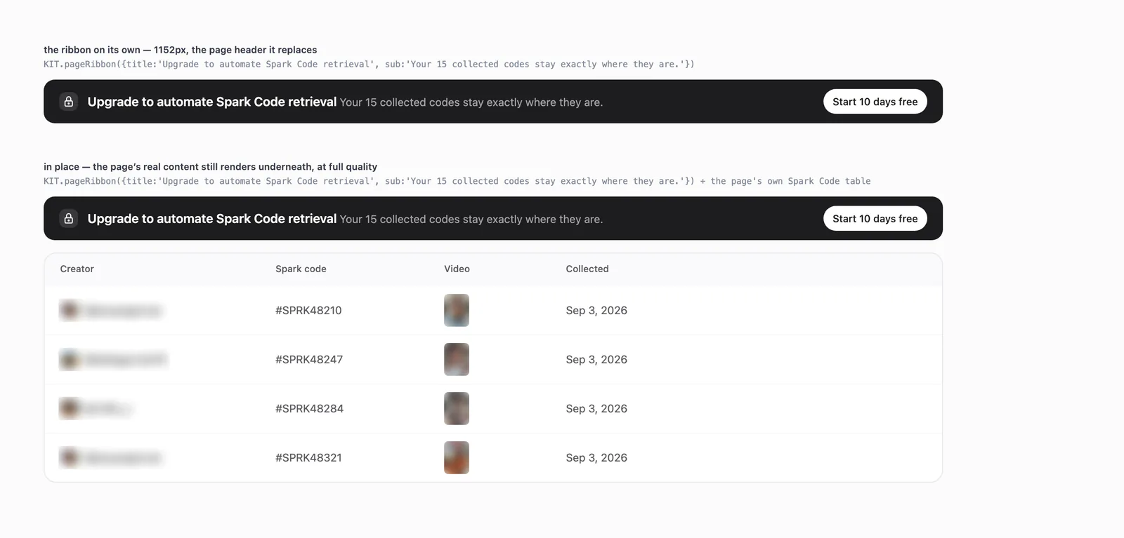 The PageRibbon component on its own and above a Spark Code table.