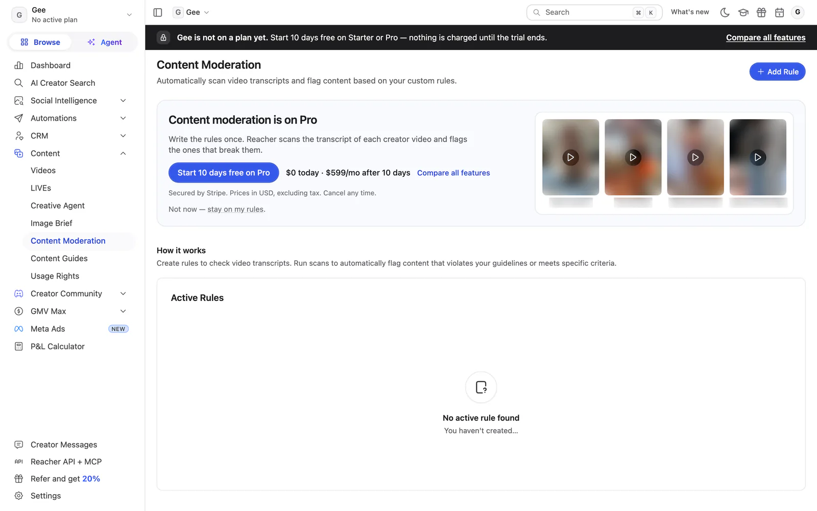 Reacher’s Content Moderation page, new: a dark bar and a Content moderation is on Pro card above the Active Rules list.