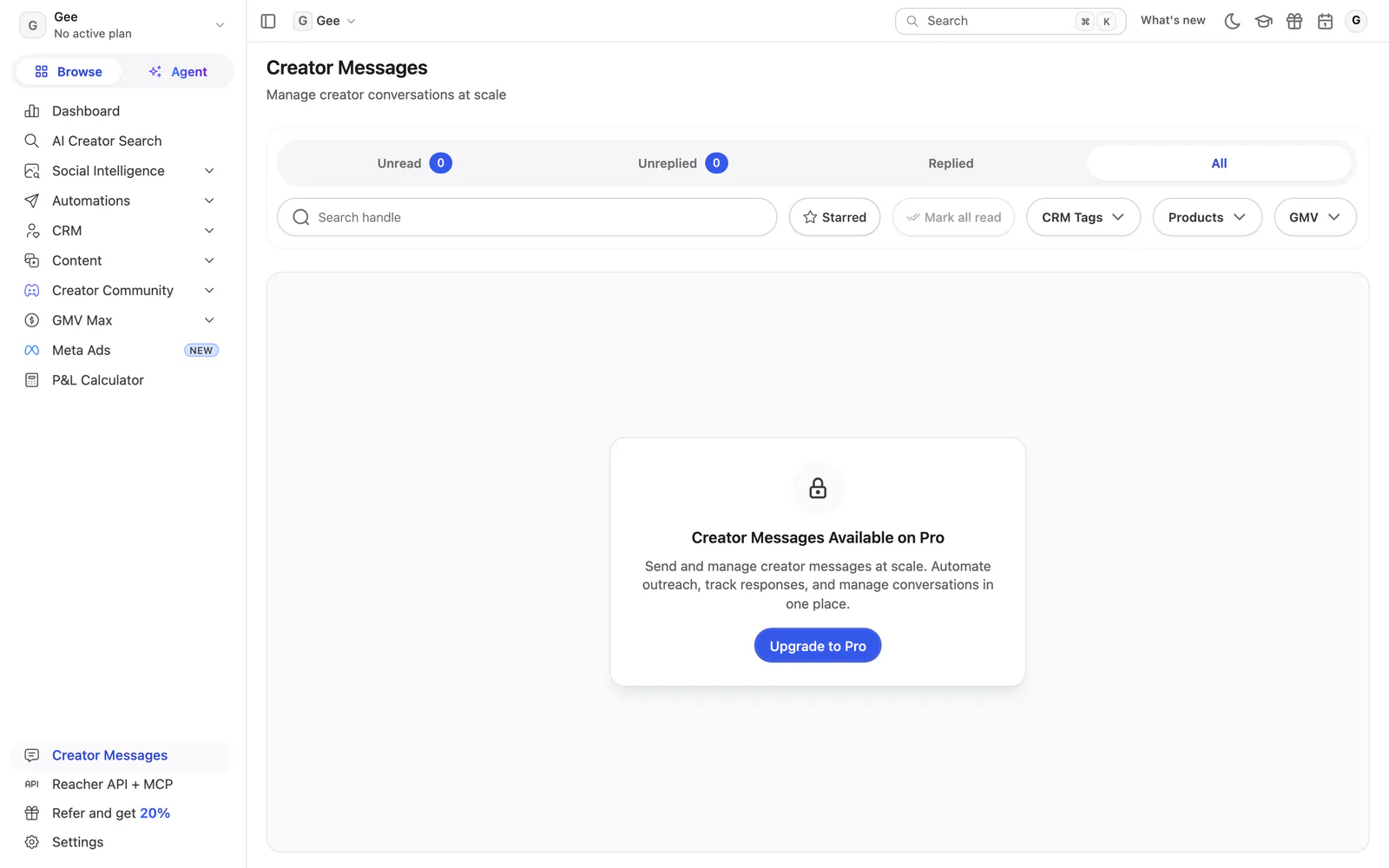 Reacher’s Creator Messages page today: a lock and the message Creator Messages Available on Pro.