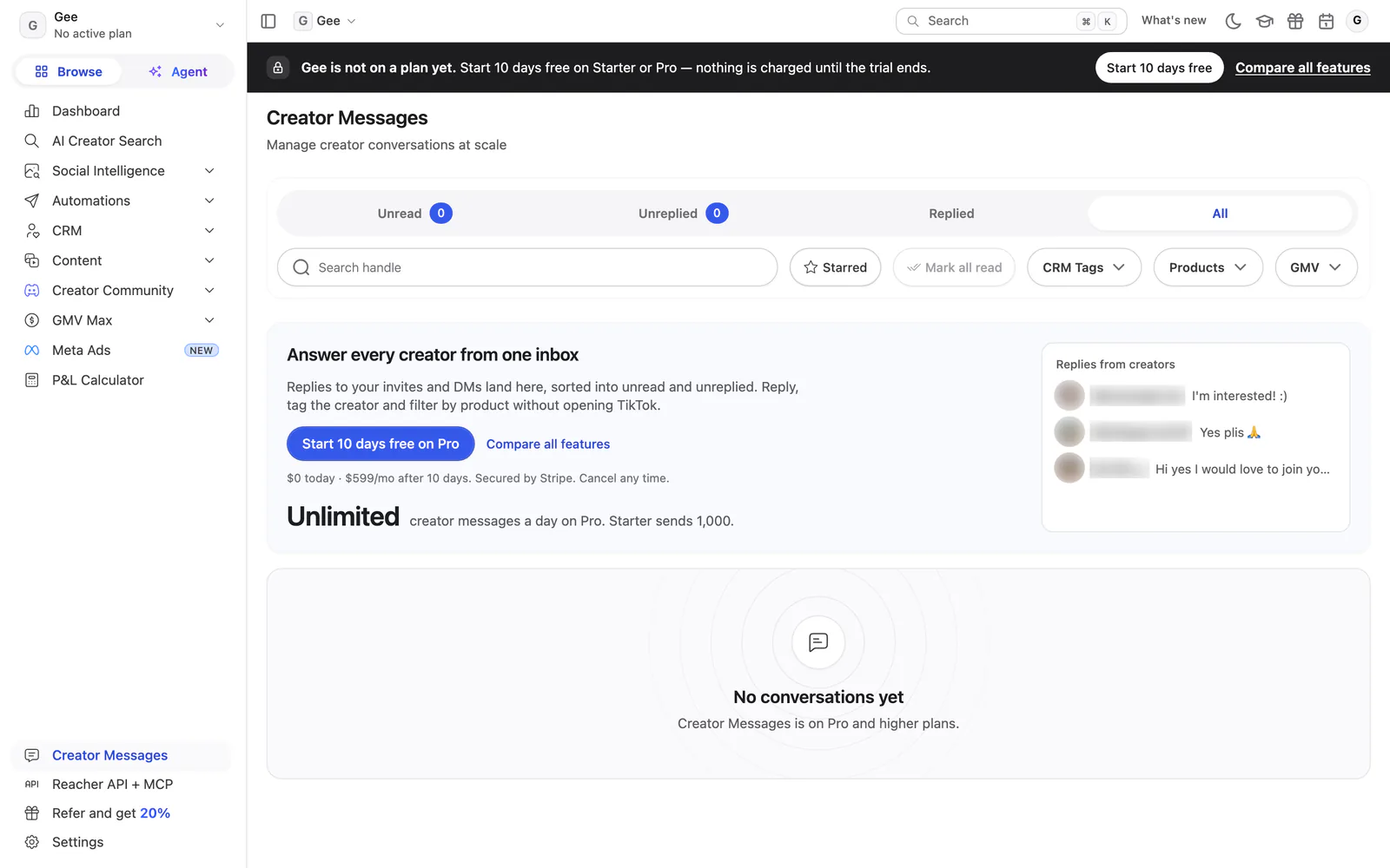 Reacher’s Creator Messages page, new: a dark bar and a card headed Answer every creator from one inbox, with example replies.