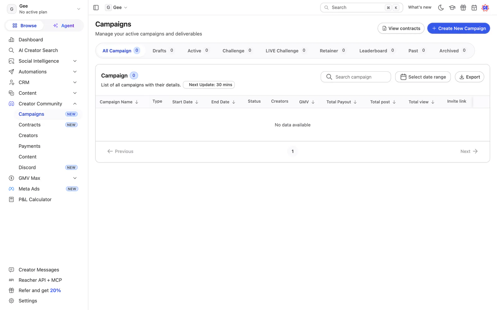 Reacher’s Campaigns page today: tabs and an empty campaigns table.