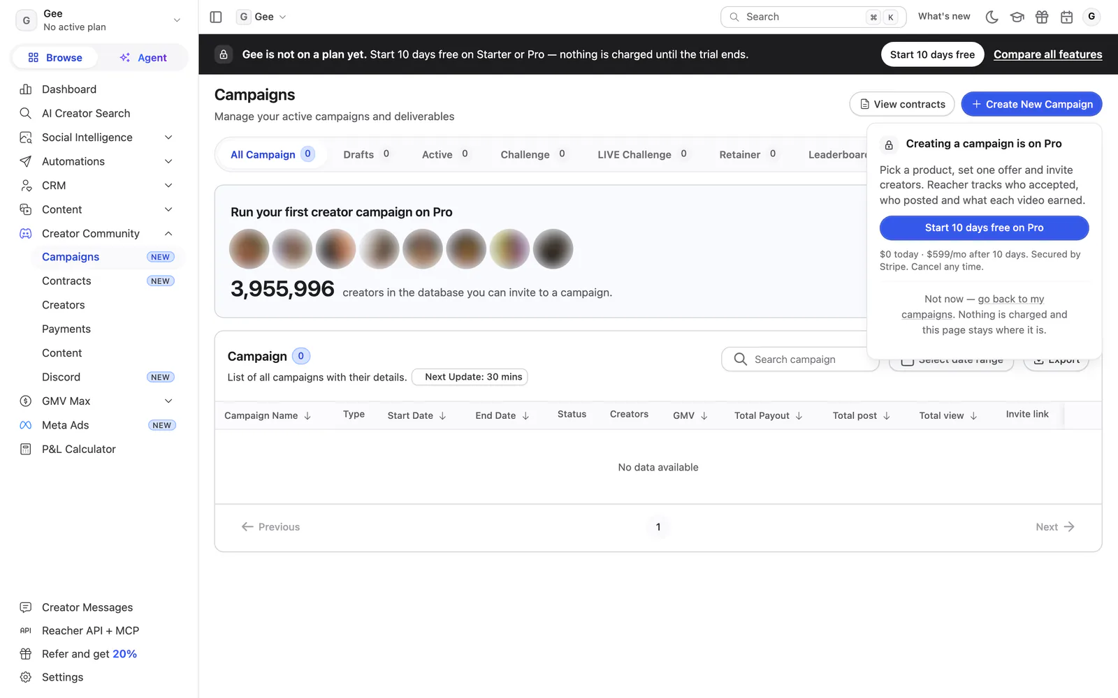 Reacher’s Campaigns page, new: a dark bar, a Run your first creator campaign on Pro card and a Creating a campaign is on Pro popover.