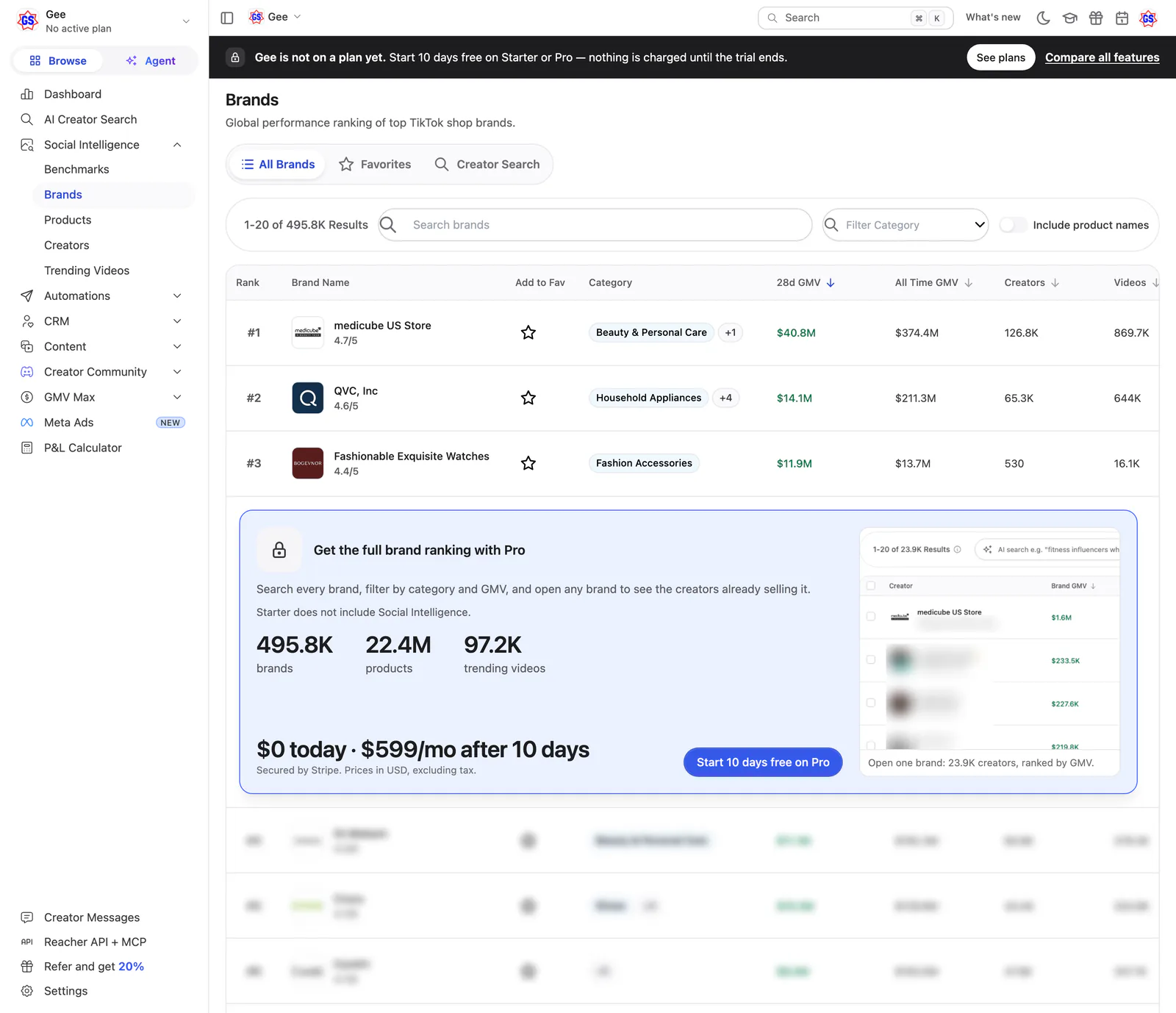 Reacher’s Brands ranking, new: a dark no-plan bar, the top three brands and a blue card headed Get the full brand ranking with Pro.