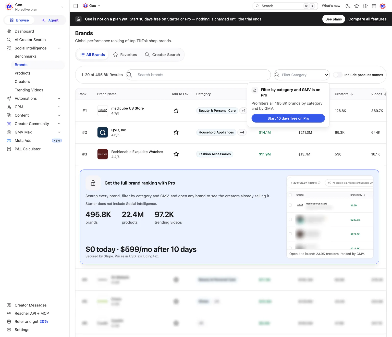 Reacher’s Brands ranking with a lock popover open from the category filter, offering Start 10 days free on Pro.