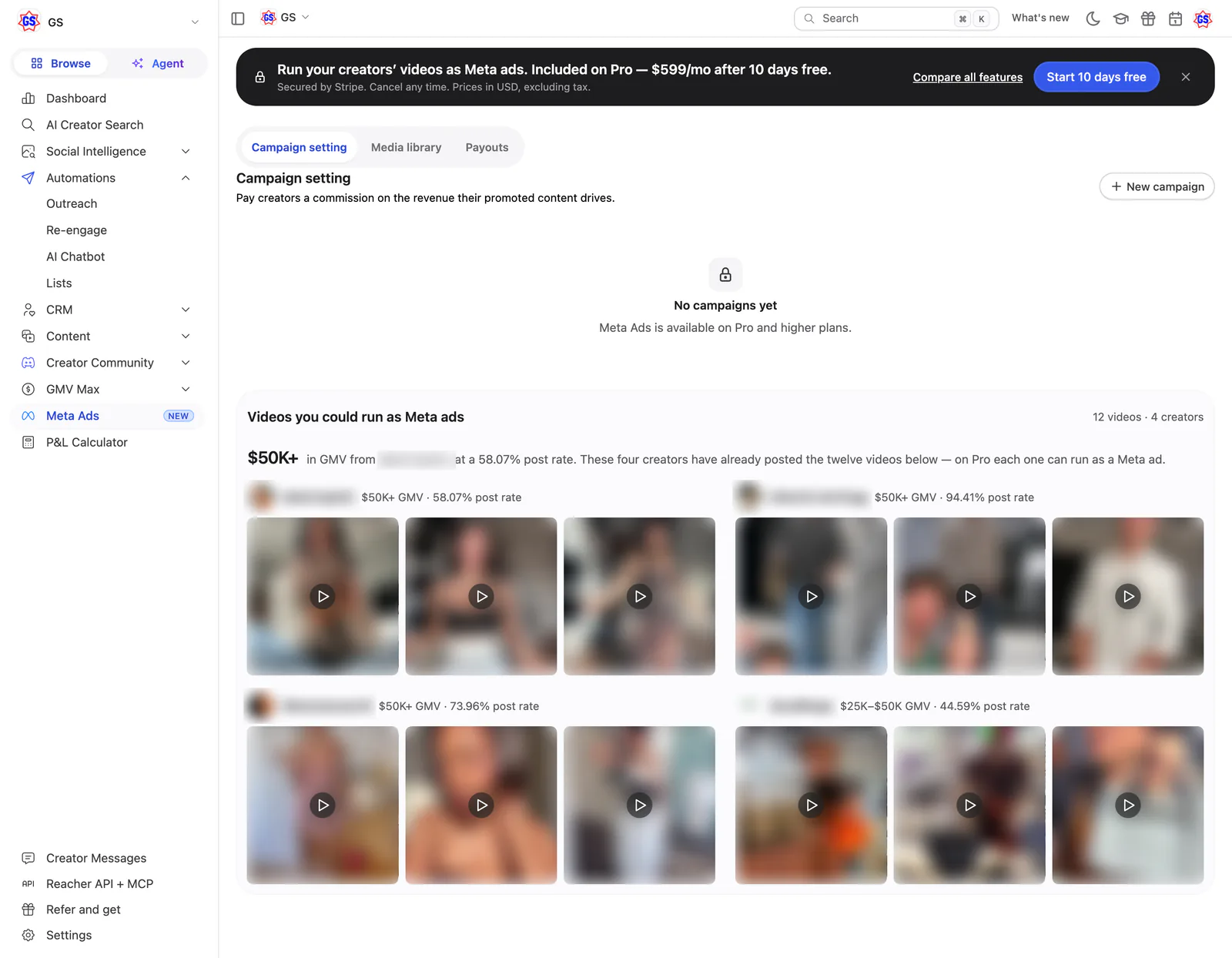 Reacher’s Meta Ads page, new: a dark upsell bar, a No campaigns yet state and a grid of twelve creator videos that could run as Meta ads.