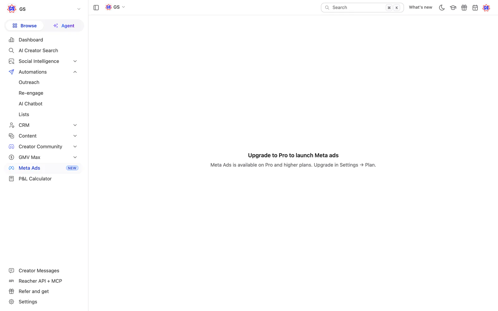Reacher’s Meta Ads page today: a single line reading Upgrade to Pro to launch Meta ads.