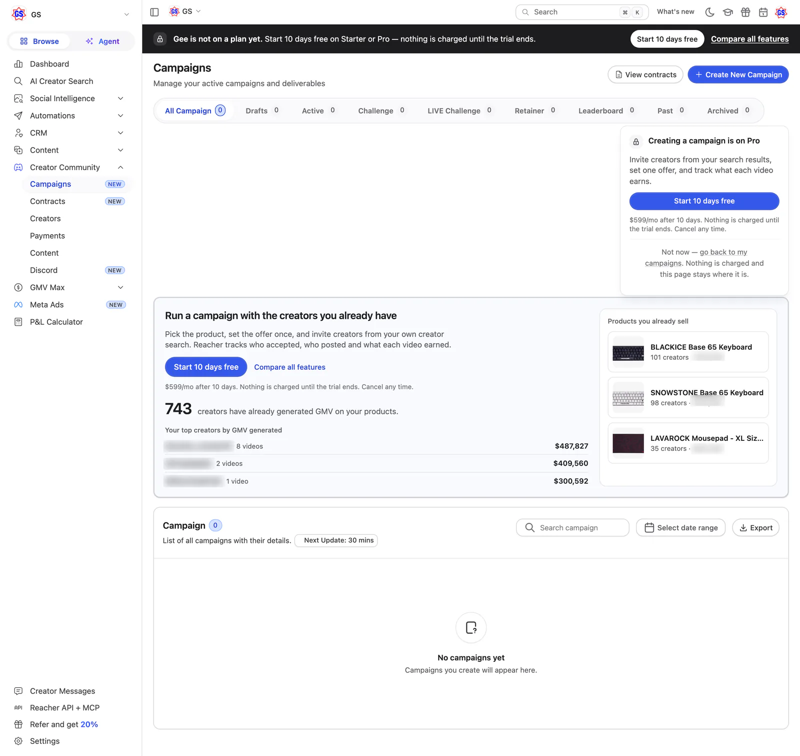 Reacher’s Campaigns page, new: a dark no-plan bar, a Creating a campaign is on Pro popover and a card headed Run a campaign with the creators you already have.