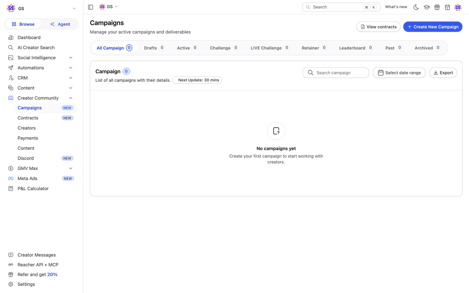 Reacher’s Campaigns page today: tabs and an empty list reading No campaigns yet.