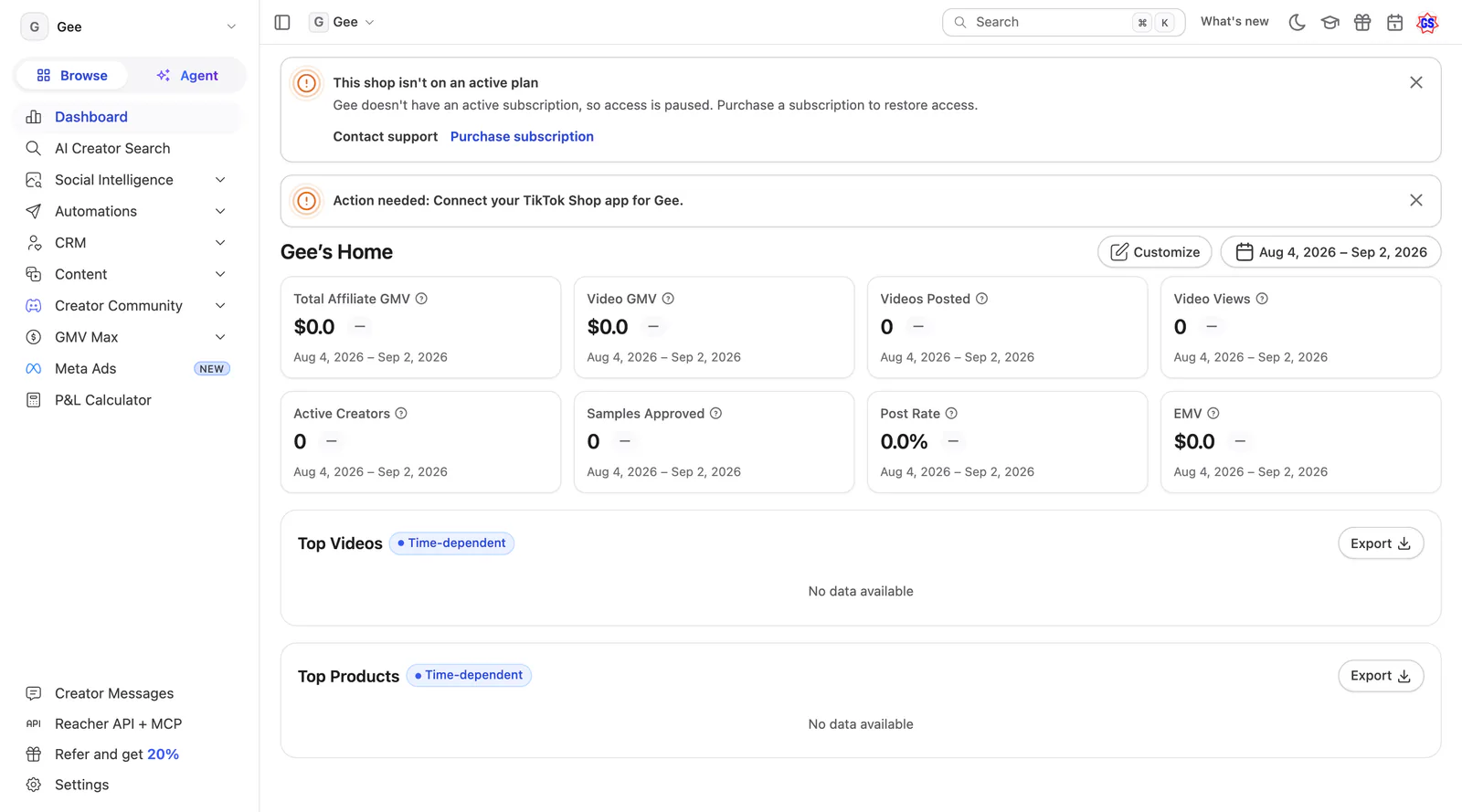 Reacher’s dashboard today: a warning that the shop isn’t on an active plan, then metric tiles at zero.