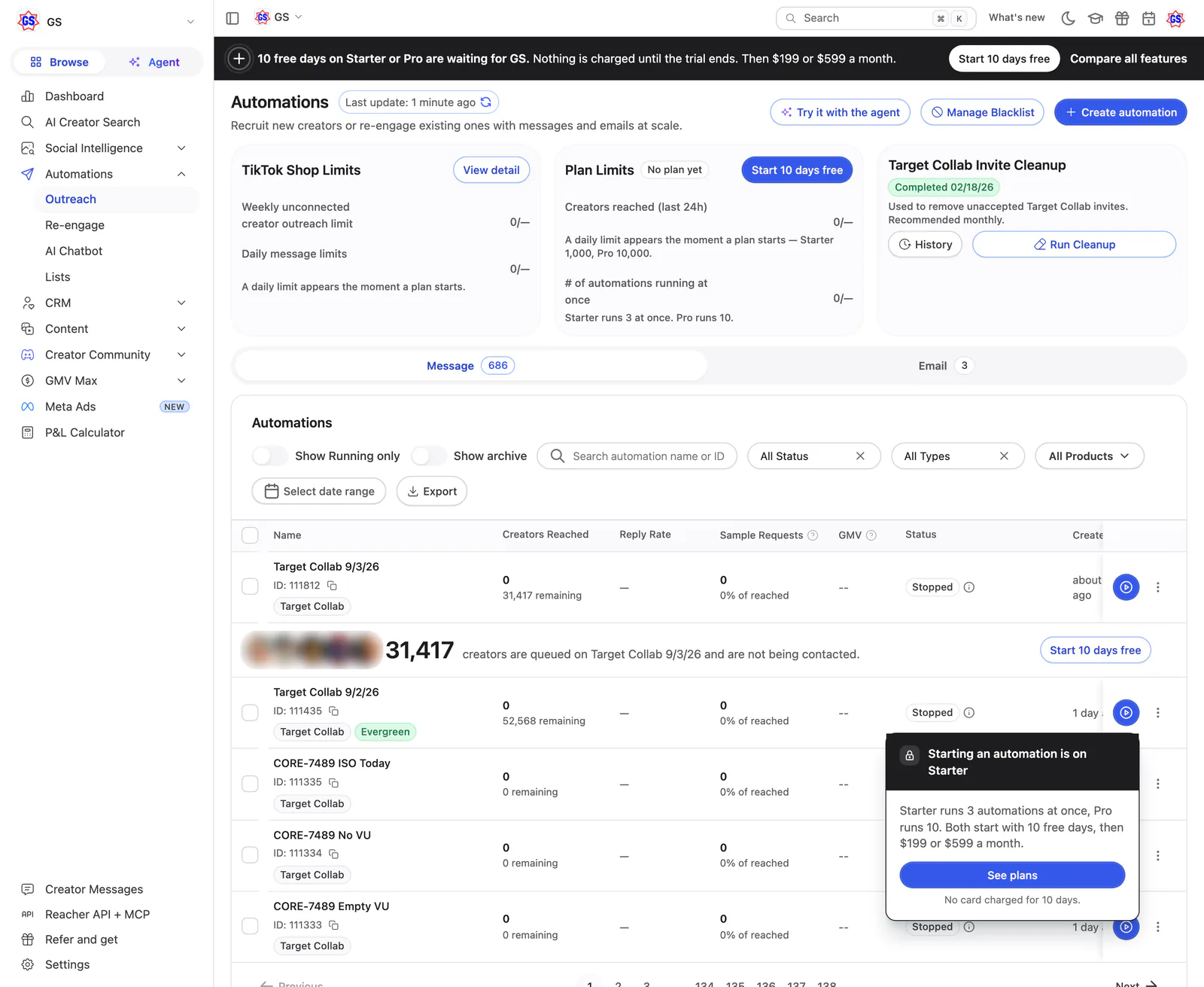 Reacher’s Automations page, new: a dark trial bar, a Plan Limits card, a queued-creators strip in the table and a Starting an automation is on Starter popover.