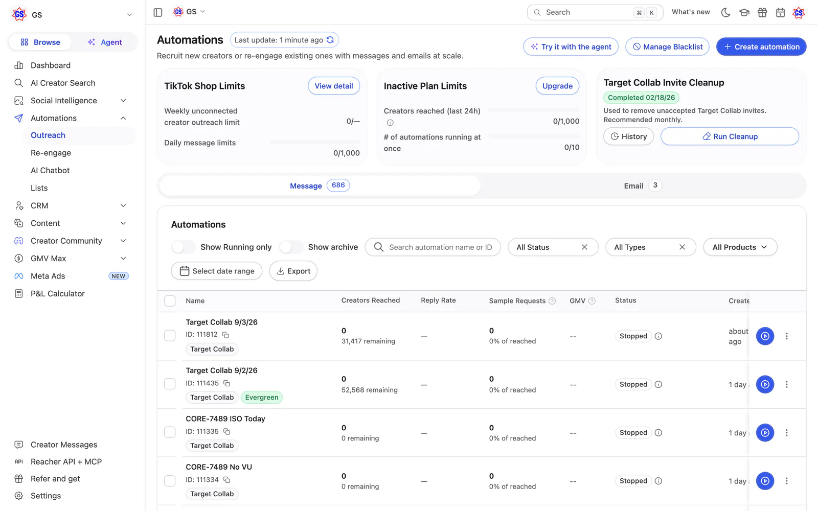 Reacher’s Automations page today: limits cards and a list of stopped automations.