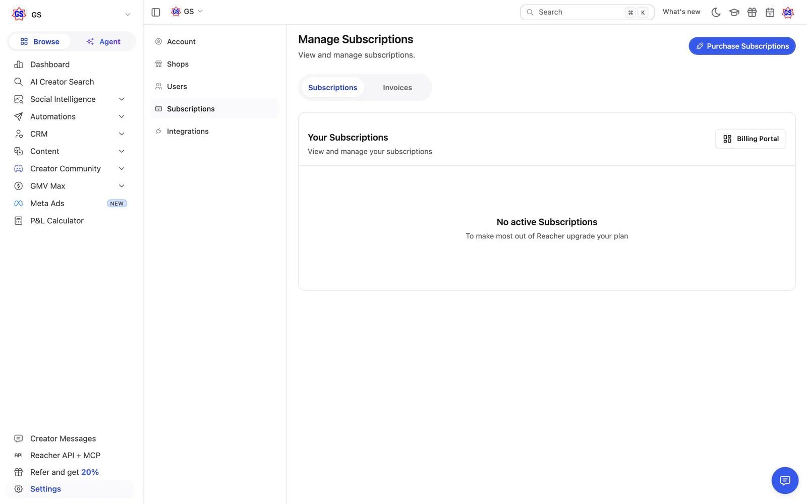 Reacher’s Manage Subscriptions page today, reading No active Subscriptions.