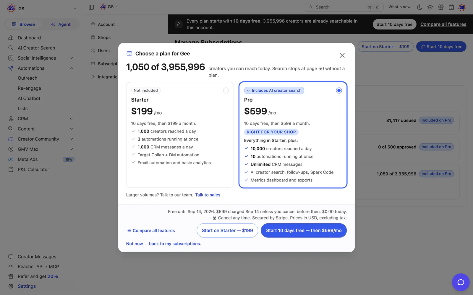 Reacher’s Choose a plan dialog over the subscriptions page: Starter at $199 a month beside Pro at $599, with Pro selected.