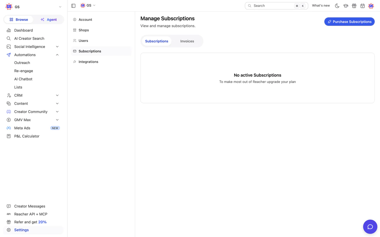 Reacher’s Manage Subscriptions page today, reading No active Subscriptions.