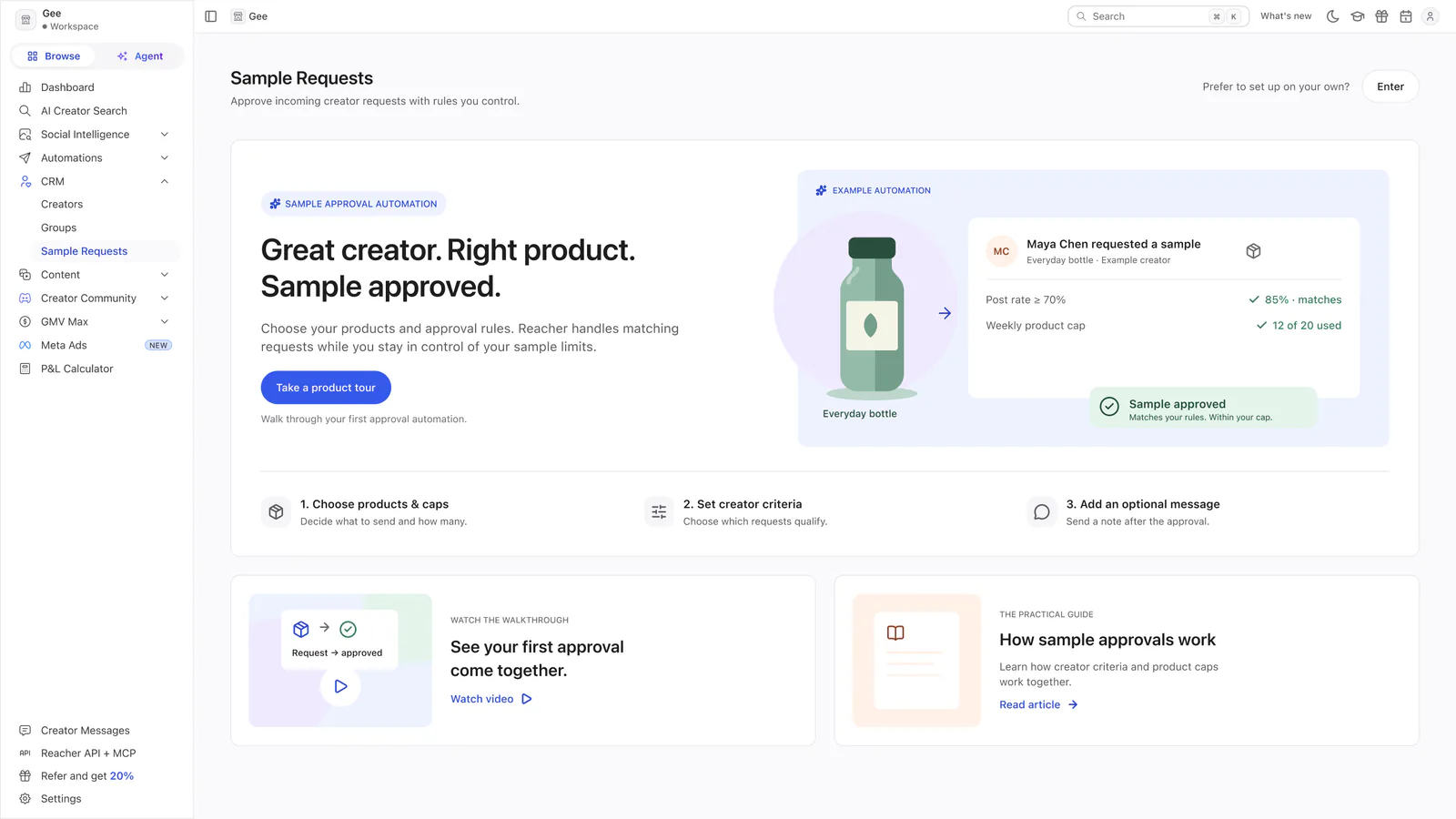 A first-visit direction headed Great creator. Right product. Sample approved, with an example request, three setup steps and video and article cards.