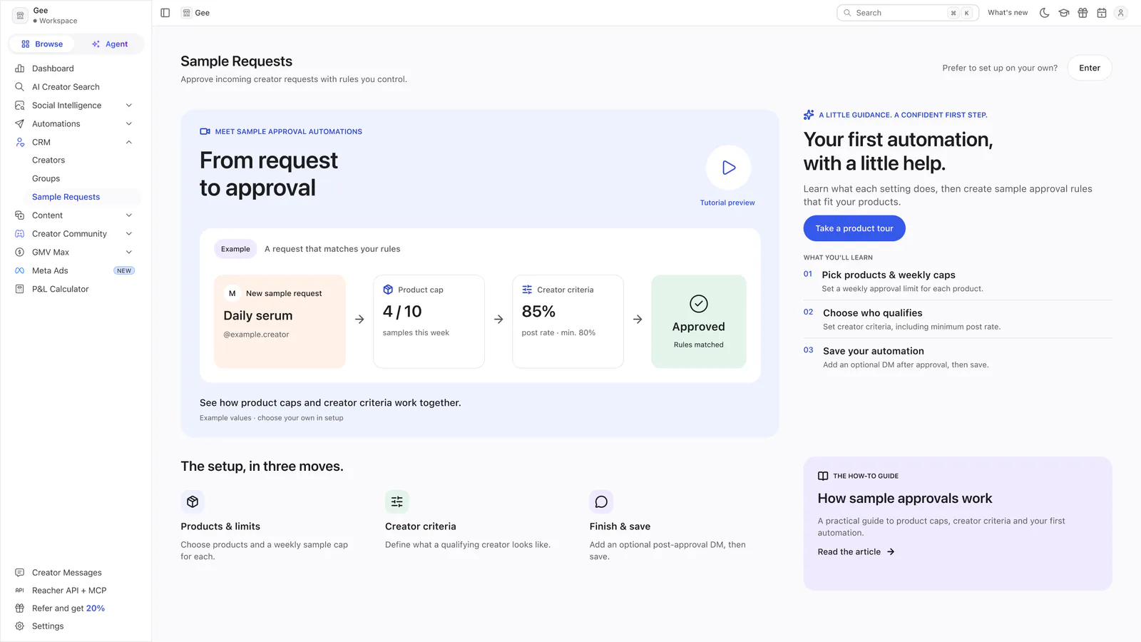 A first-visit direction headed From request to approval, with a four-step example and an invitation to take a product tour.