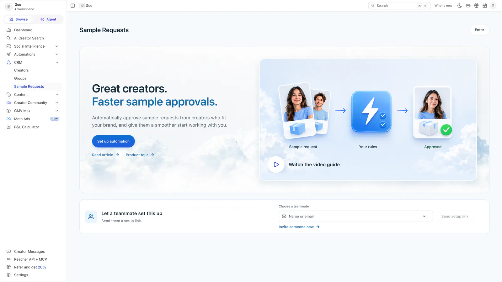 A first-visit direction headed Great creators. Faster sample approvals, with a Set up automation button and a video guide.