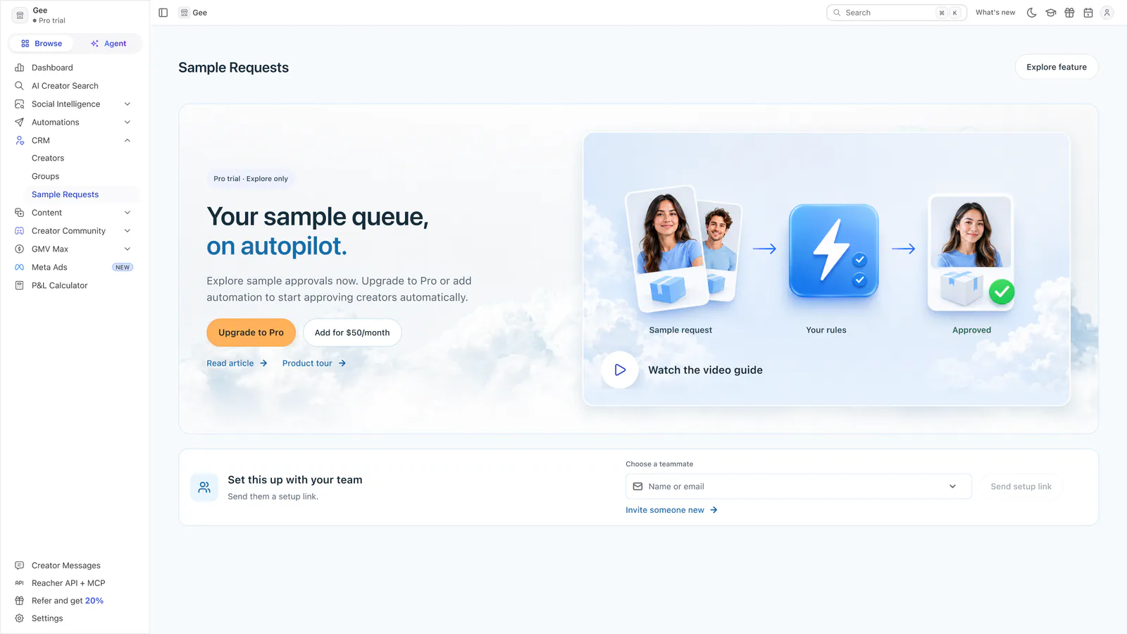 Reacher’s Sample Requests page for a Pro trial: Your sample queue, on autopilot, with Upgrade to Pro and Add for $50/month buttons beside a request-to-approval graphic.