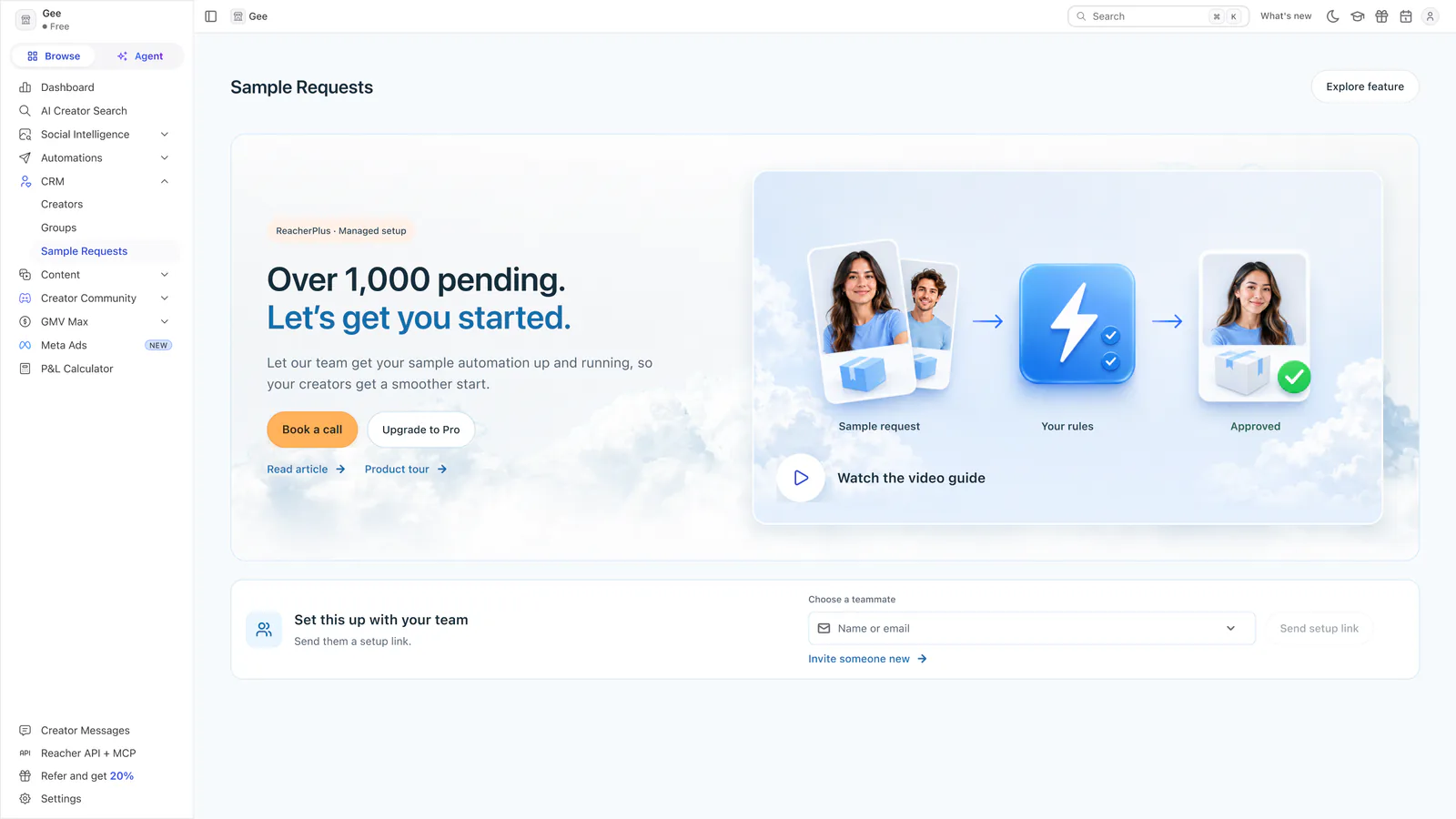 Reacher’s Sample Requests page headed Over 1,000 pending. Let’s get you started, with a Book a call button and an Upgrade to Pro button.