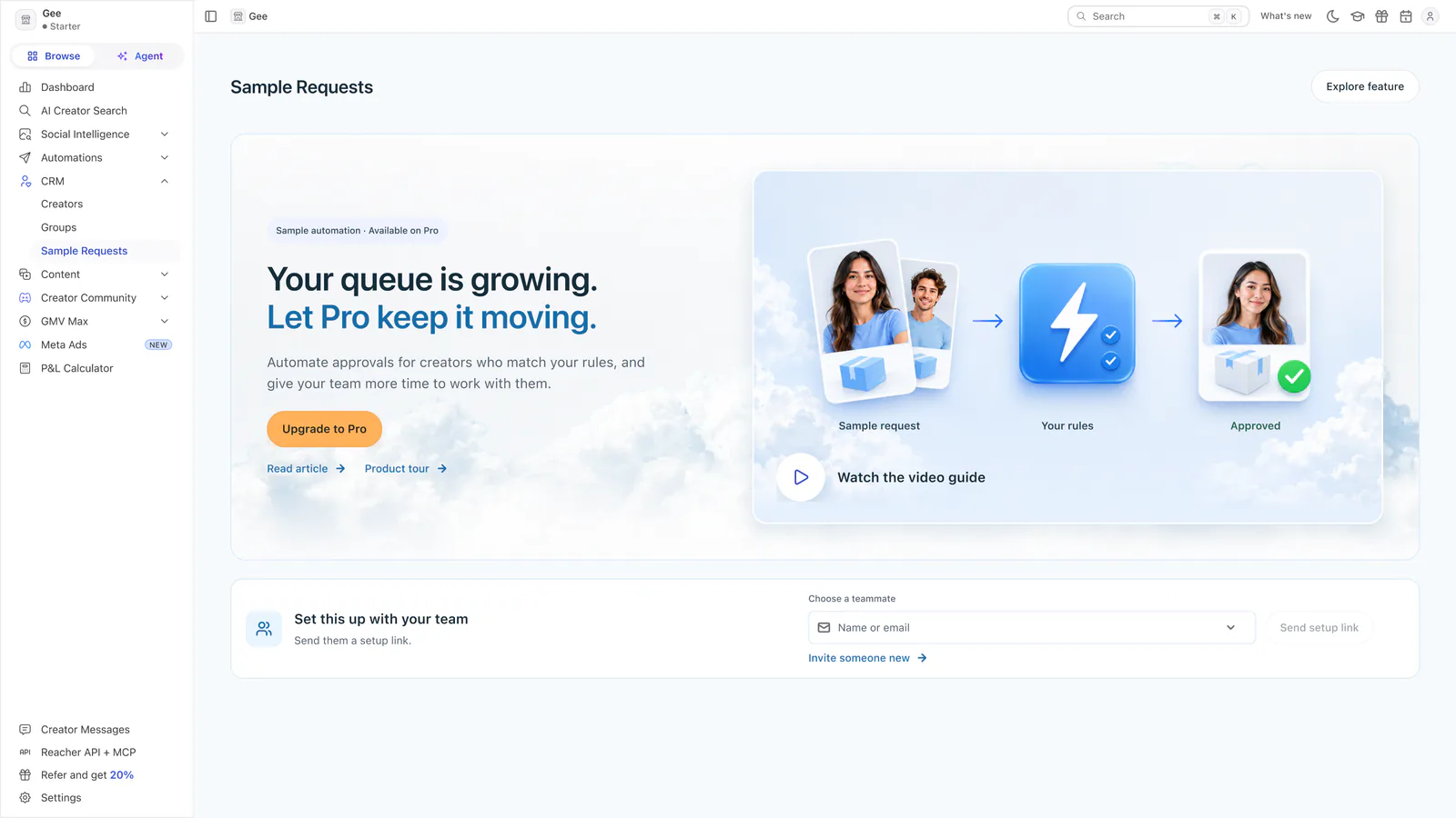 Reacher’s Sample Requests page headed Your queue is growing. Let Pro keep it moving, with an Upgrade to Pro button.
