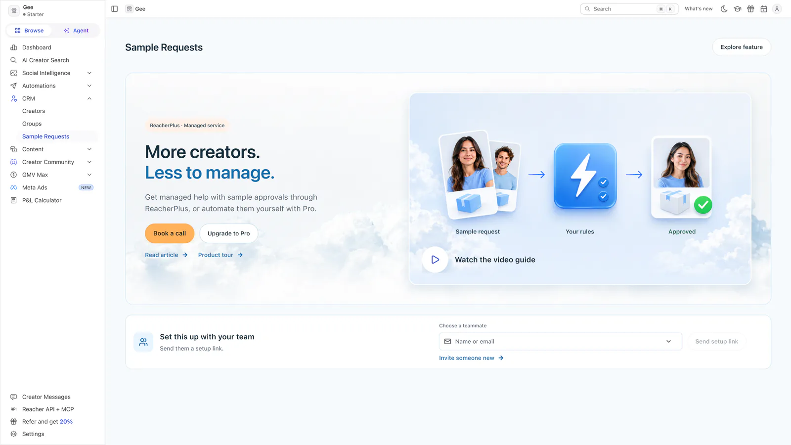 Reacher’s Sample Requests page headed More creators. Less to manage, offering a ReacherPlus call and Upgrade to Pro.